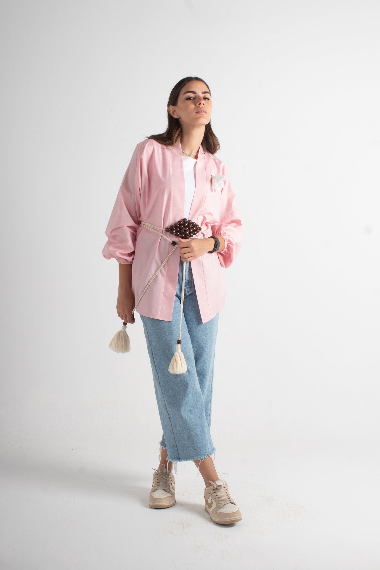 Lite pink freesize kimono with makrmia handmade belt