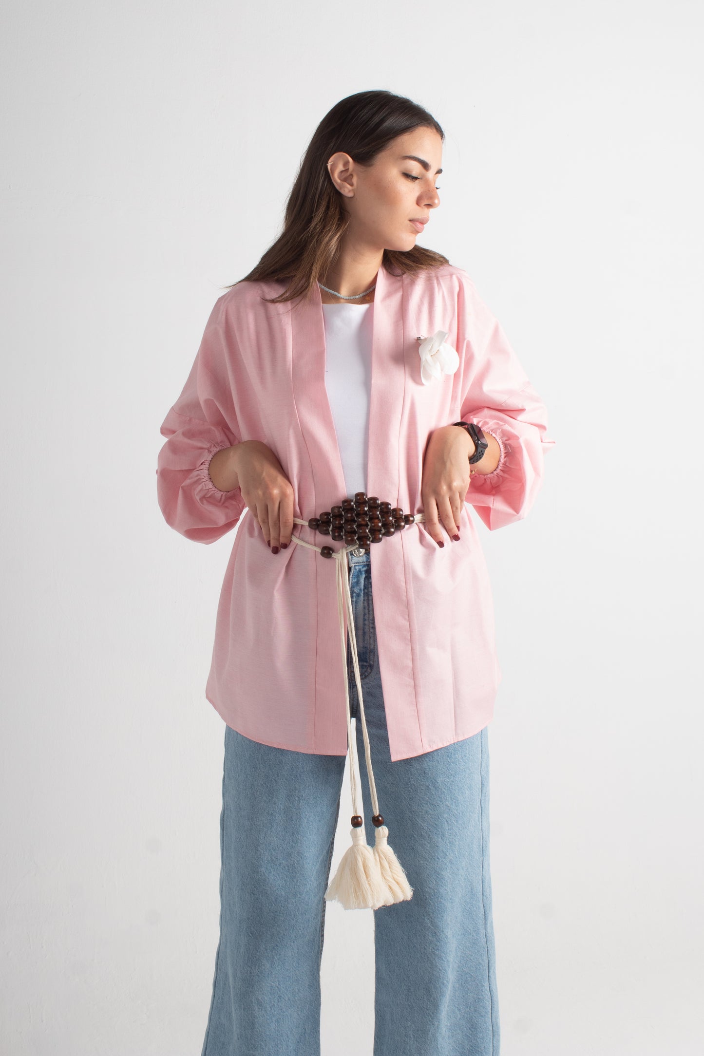 Lite pink freesize kimono with makrmia handmade belt