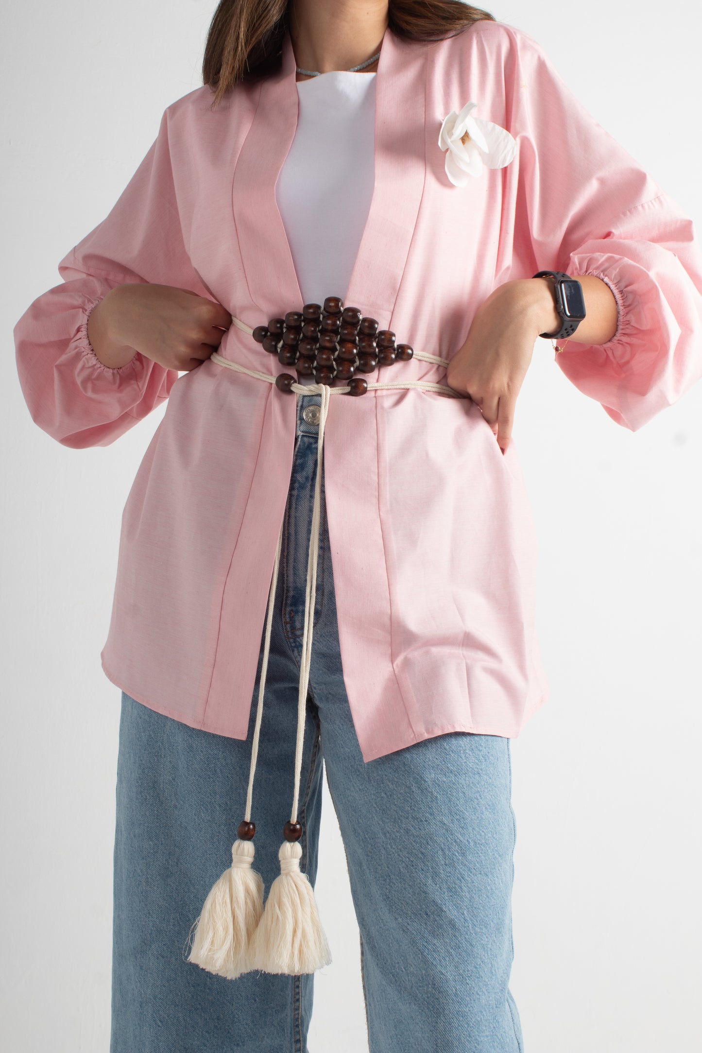 Lite pink freesize kimono with makrmia handmade belt