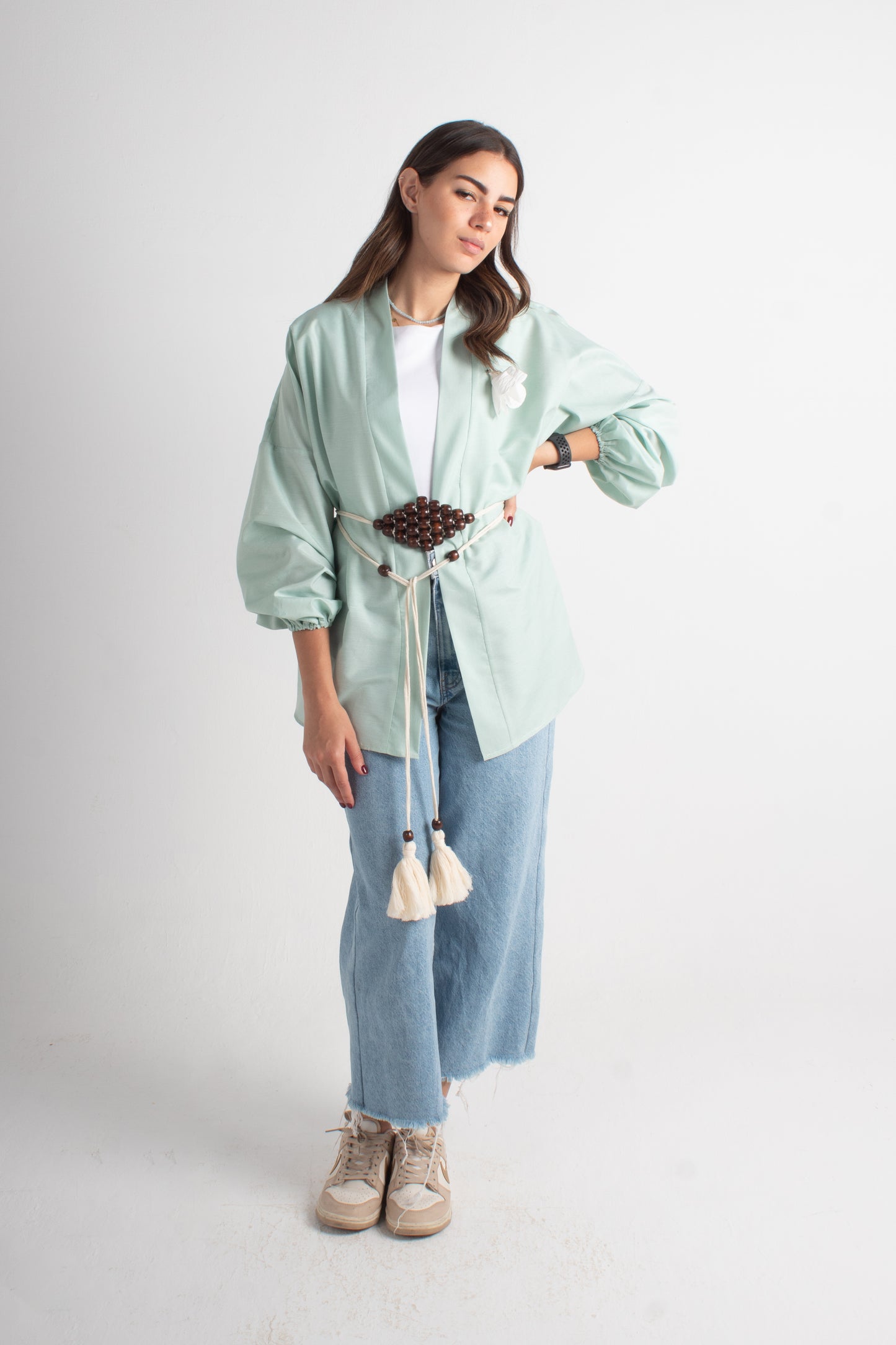 Lite green free size kimono with makrmia handmade belt