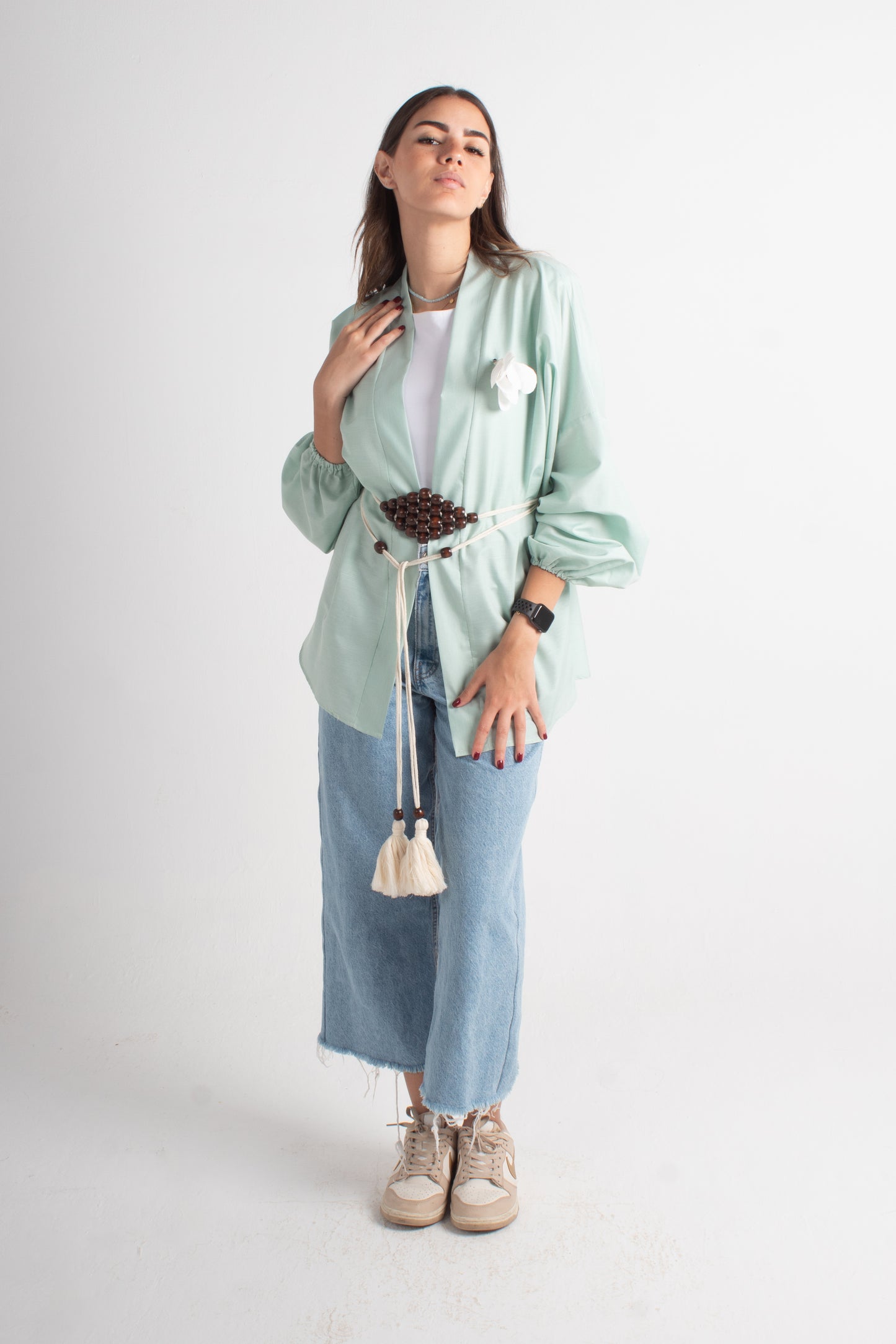 Lite green free size kimono with makrmia handmade belt