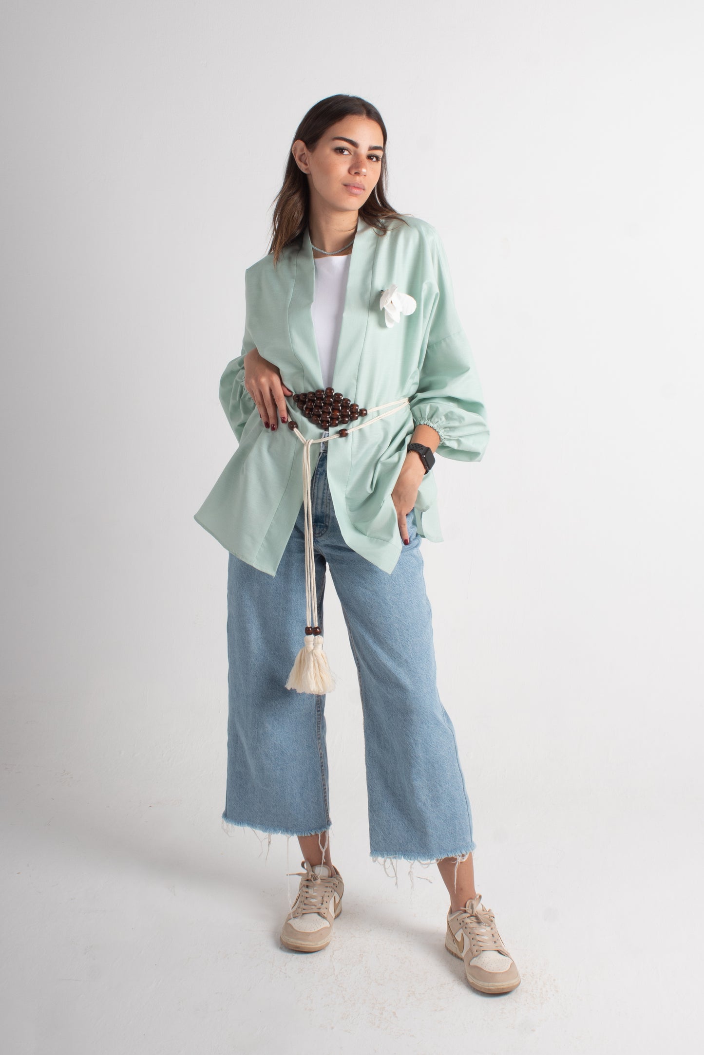 Lite green free size kimono with makrmia handmade belt
