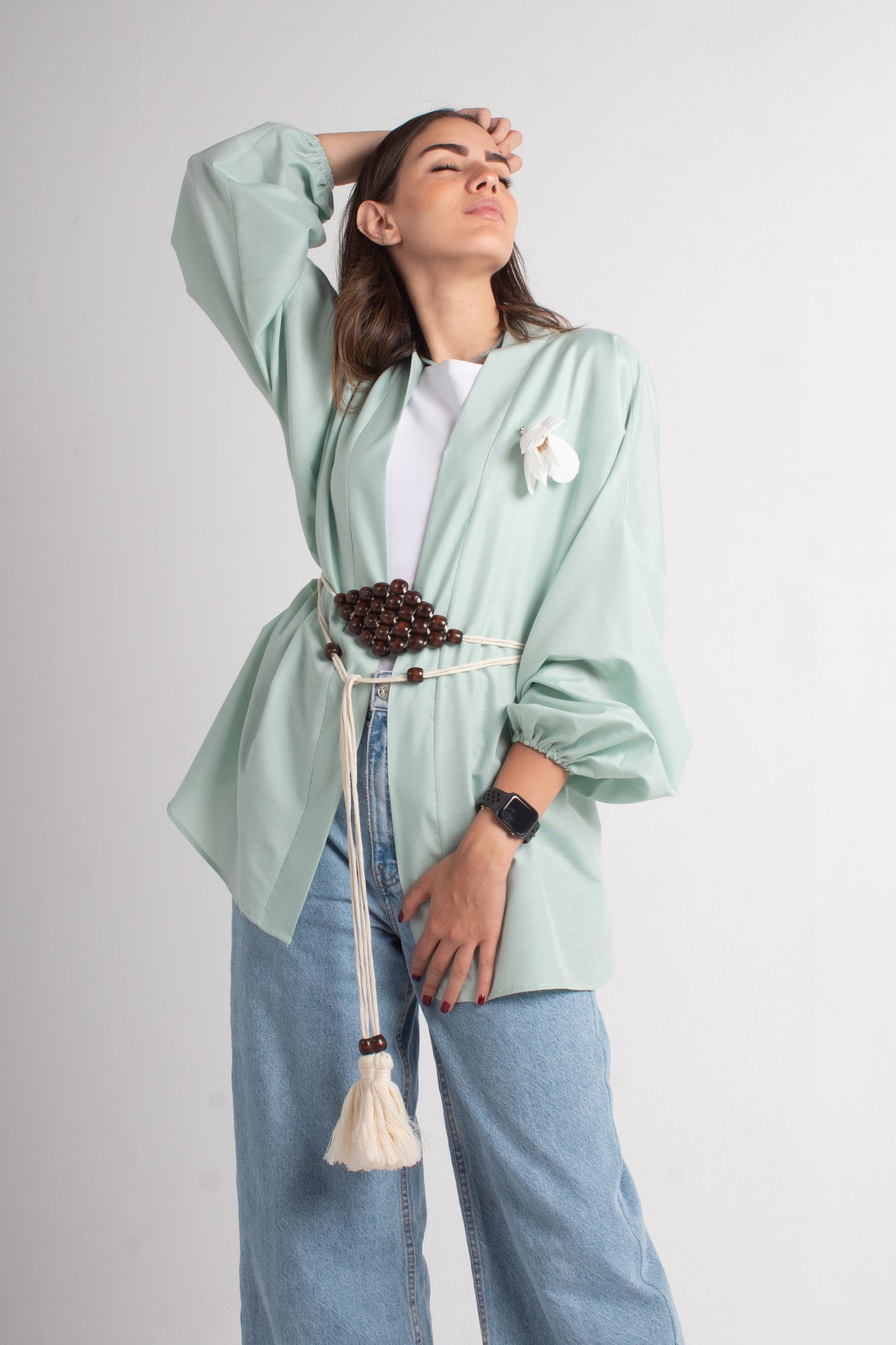 Lite green free size kimono with makrmia handmade belt