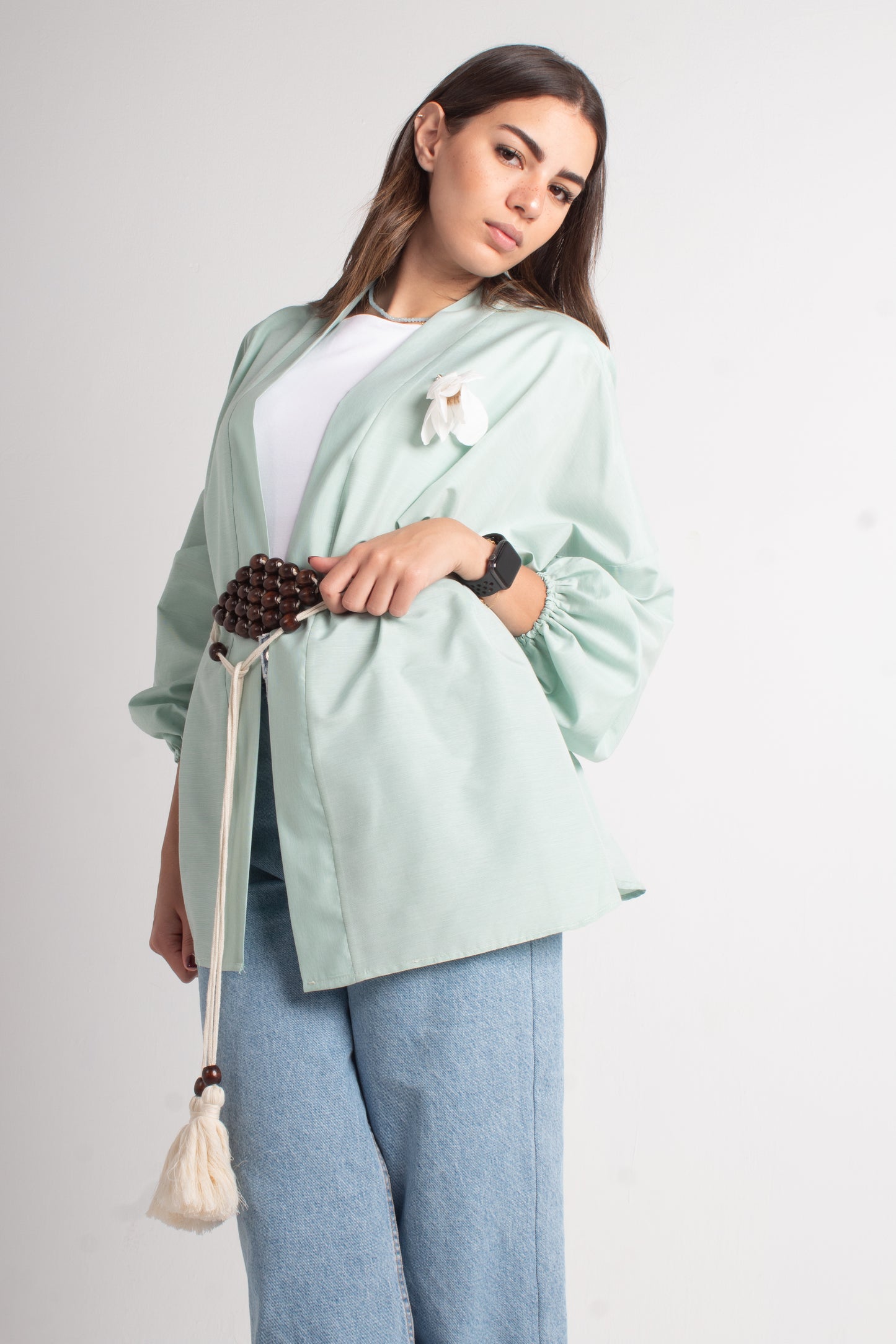 Lite green free size kimono with makrmia handmade belt
