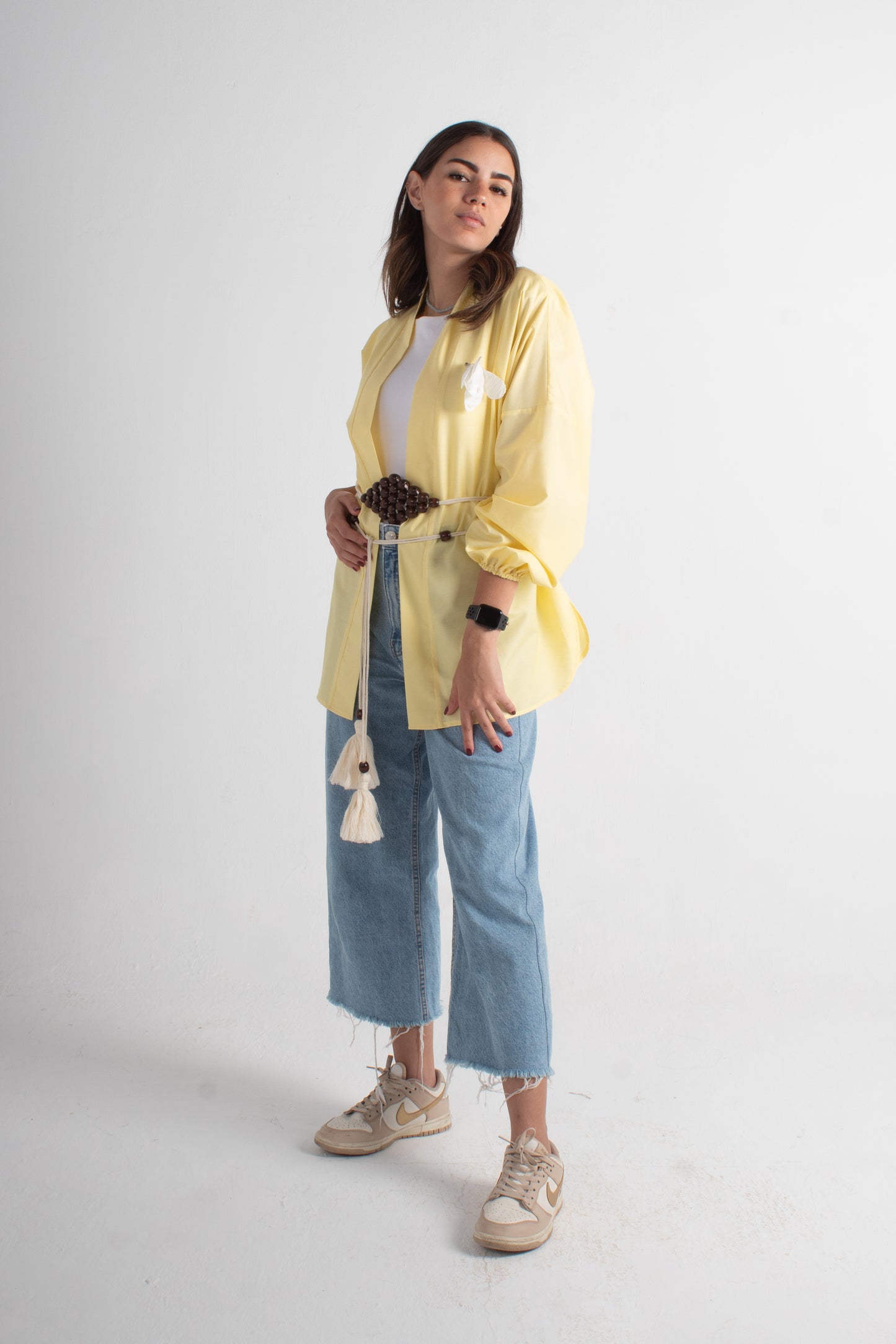 Yellow soft cotton Freesize kimono with makrmia handmade belt