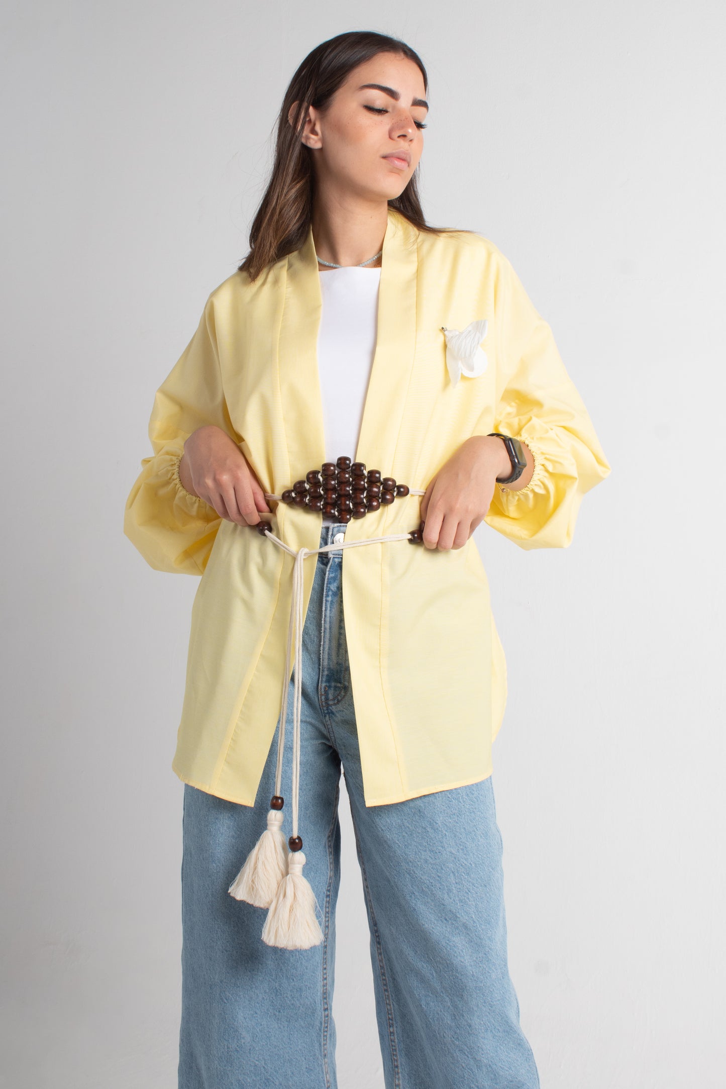 Yellow soft cotton Freesize kimono with makrmia handmade belt