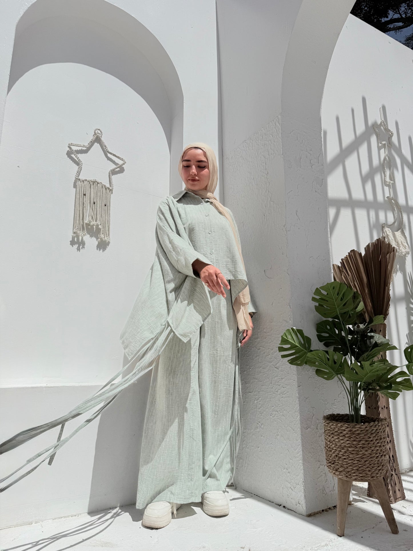 Mint linen set Striped with silver