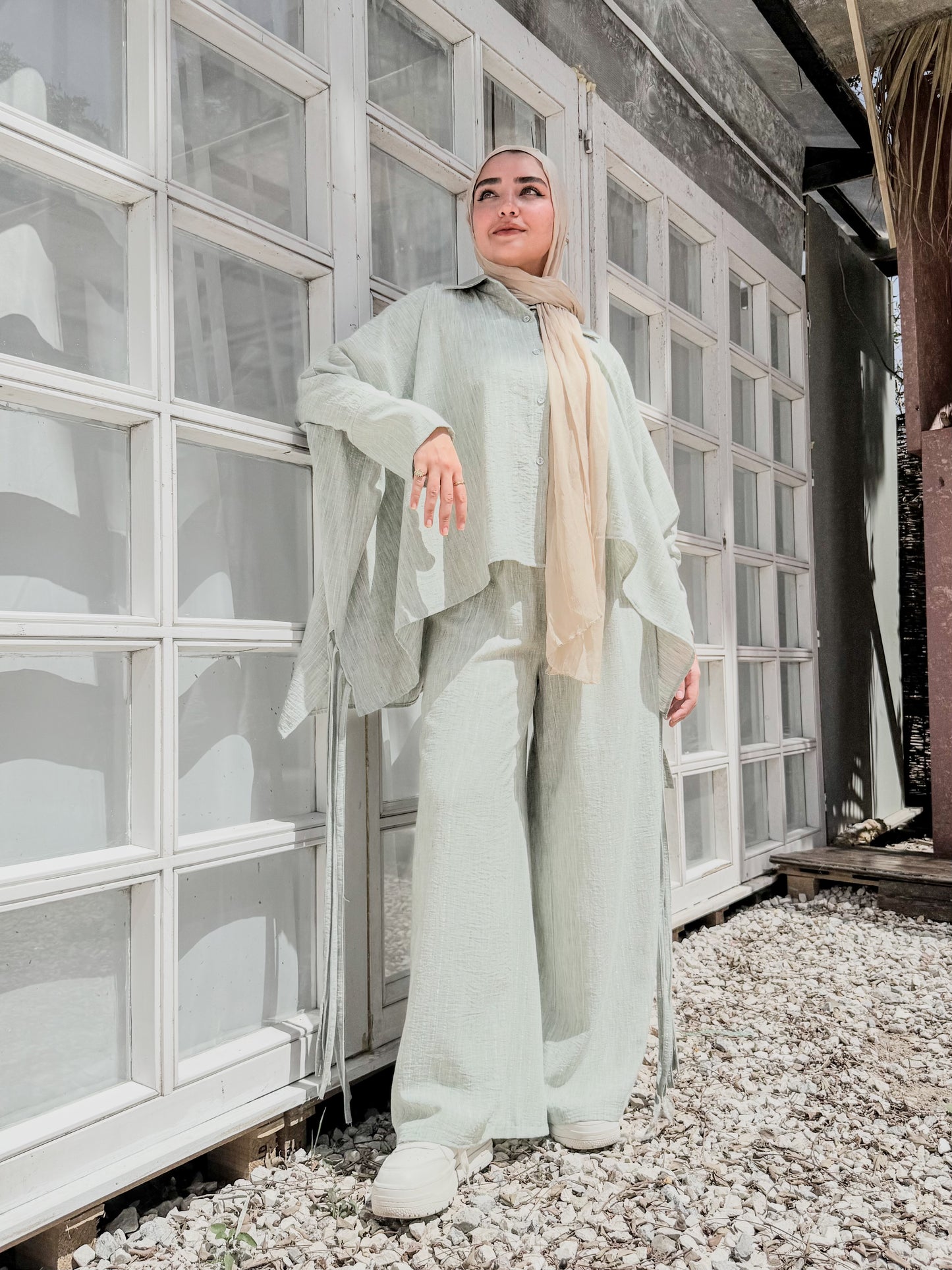 Mint linen set Striped with silver