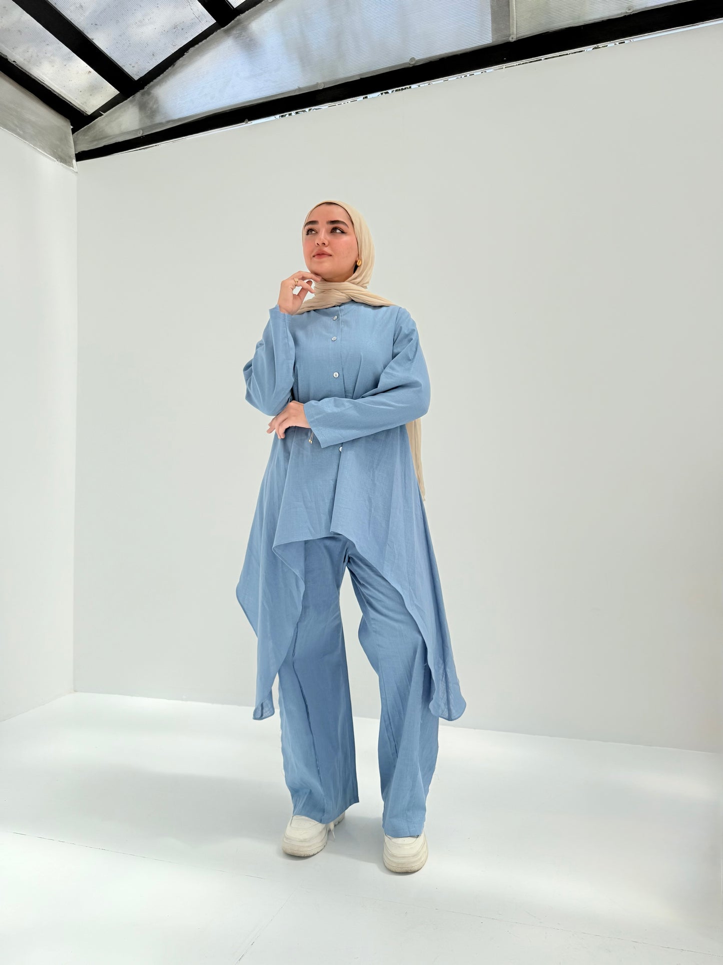 Shimmery linen set in Azure (blue)