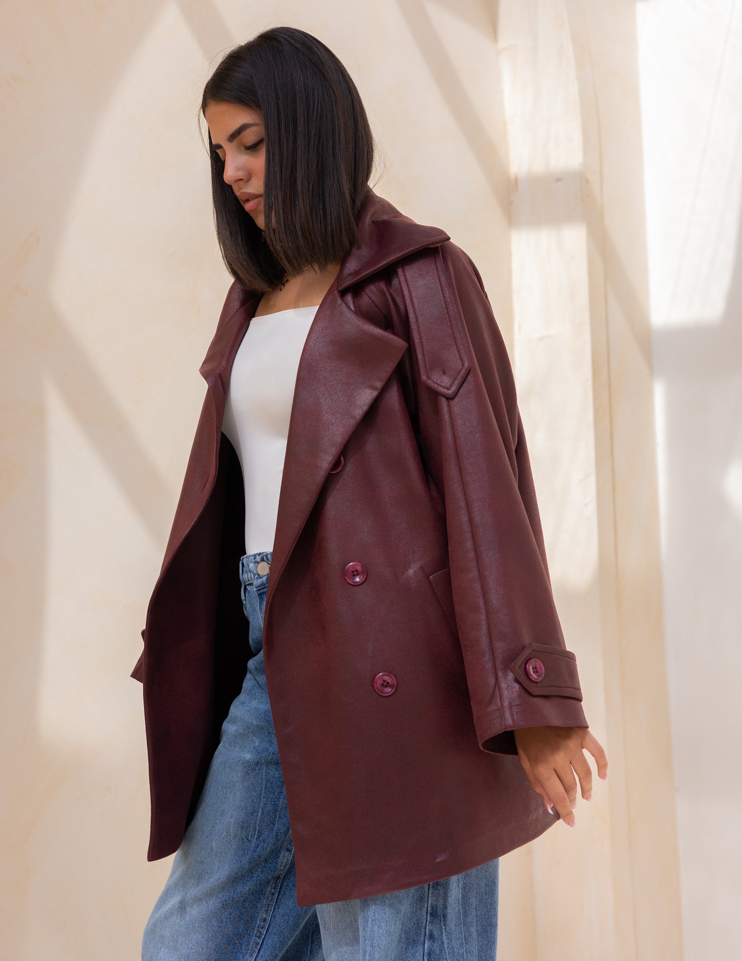 Bold neck stung suede jacket in burgundy