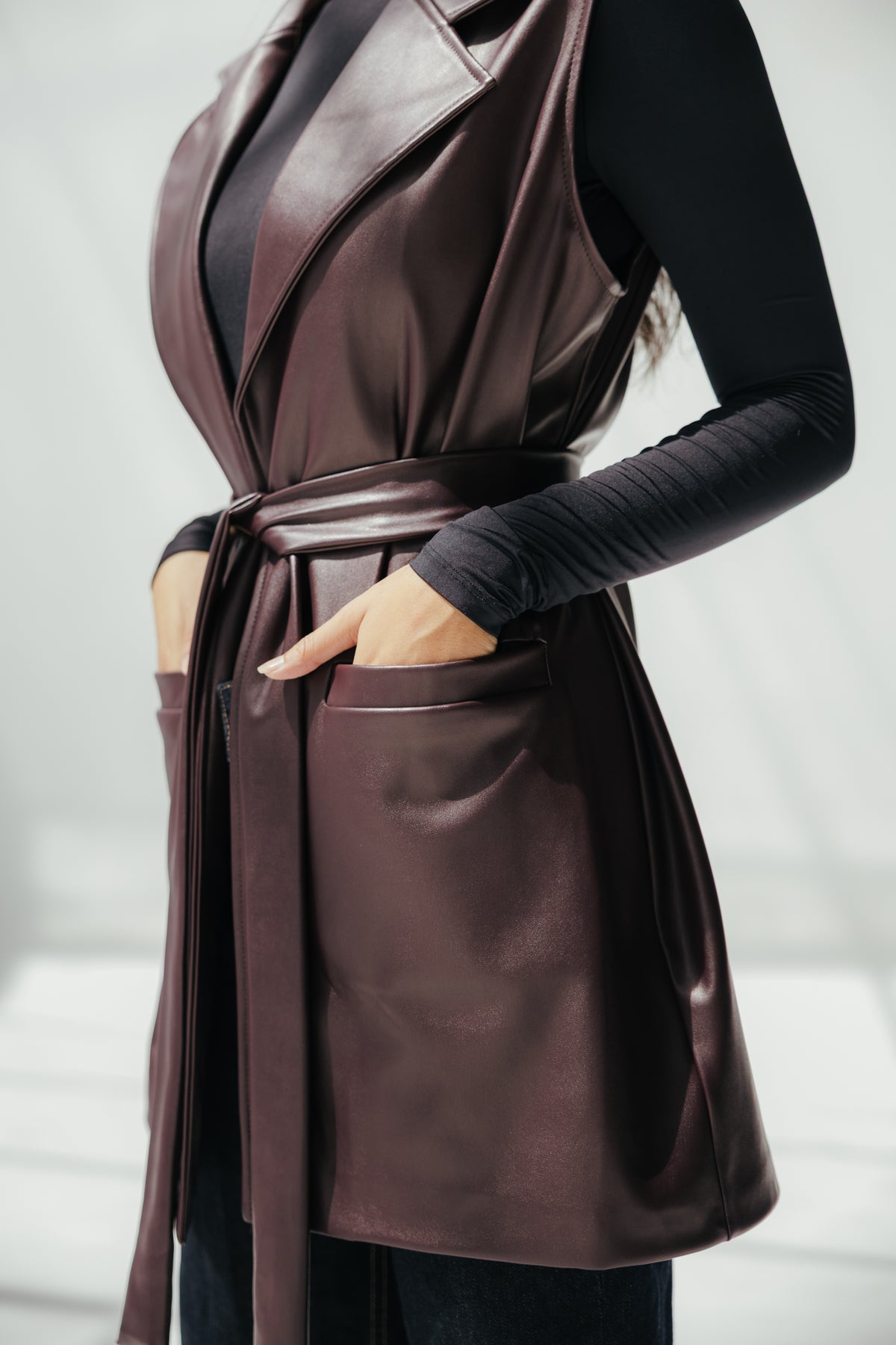 The Icon Leather Vest in burgundy