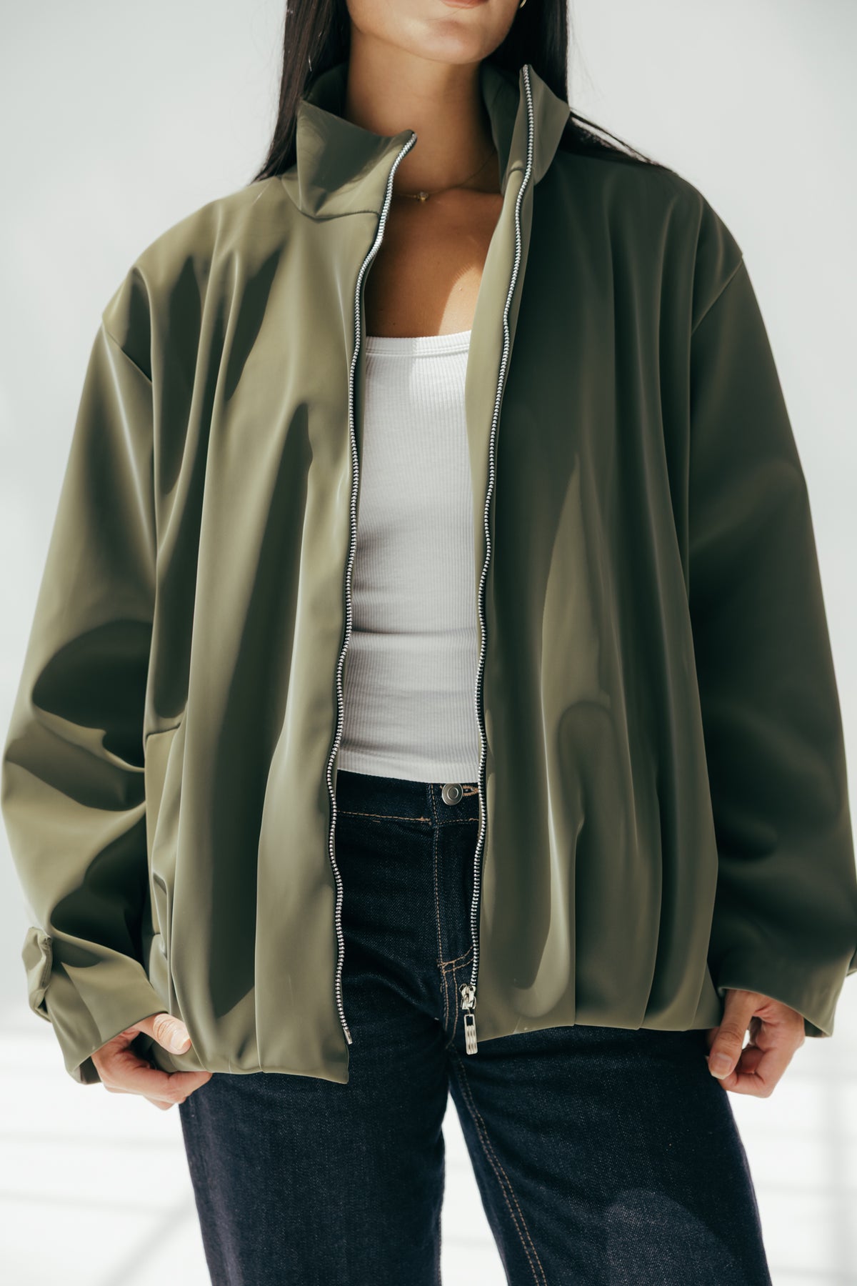 Velvet-touch Puffer Jacket in Olive