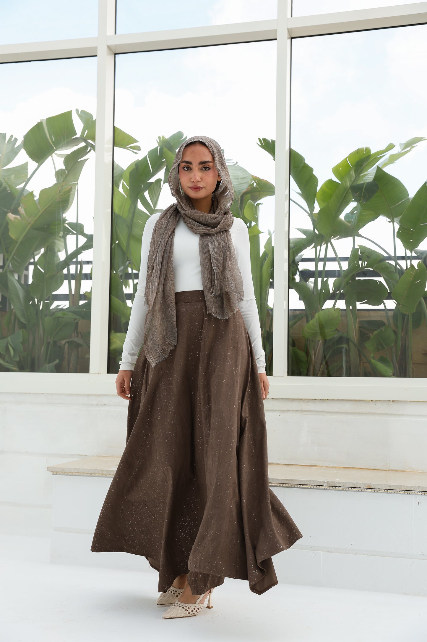 Crushed skirt in shimmered brown تنورة بكسرات بلون البني بلمعة خفيفه