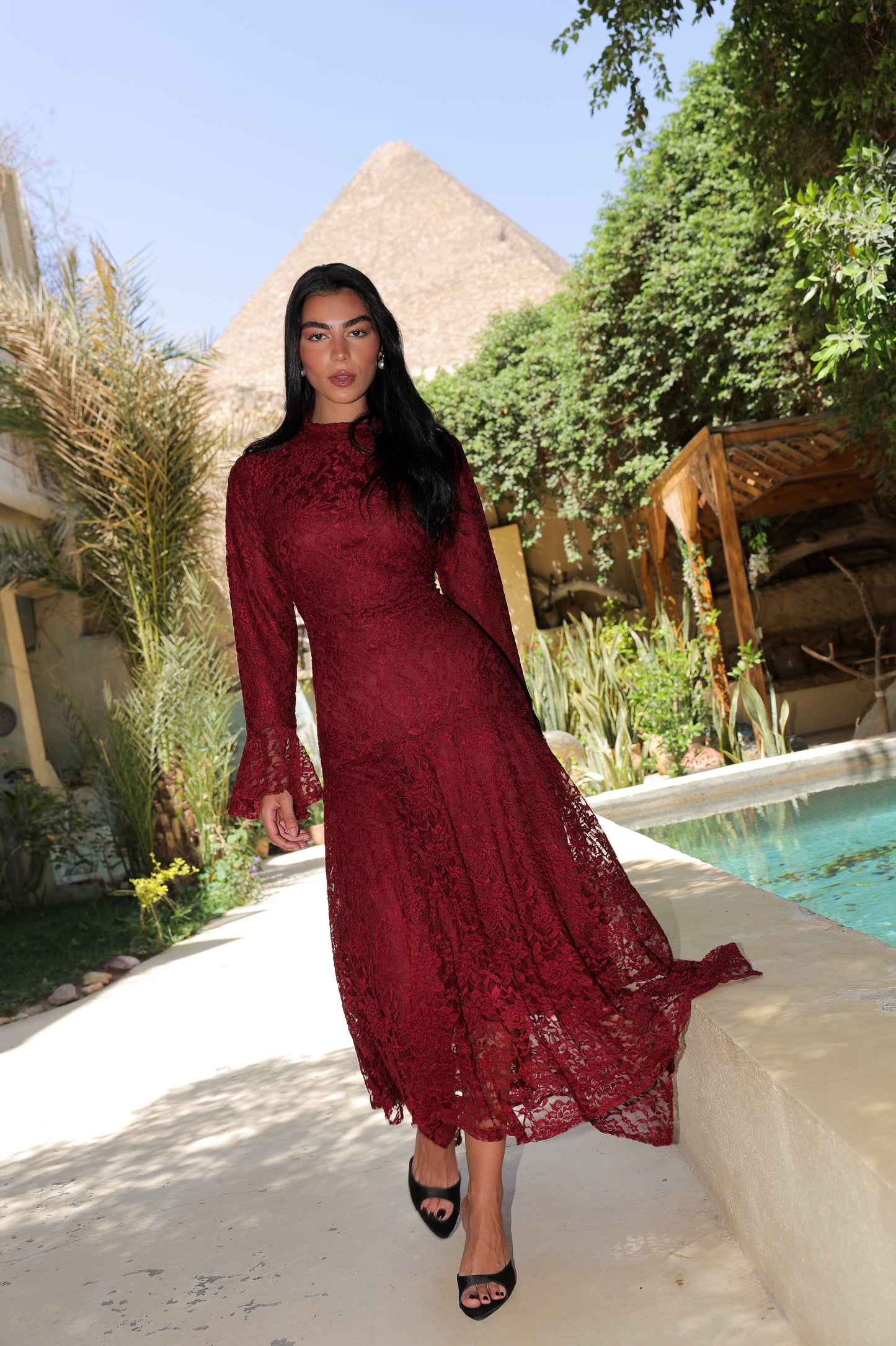 Lace flowery dress in maroon fully lined*