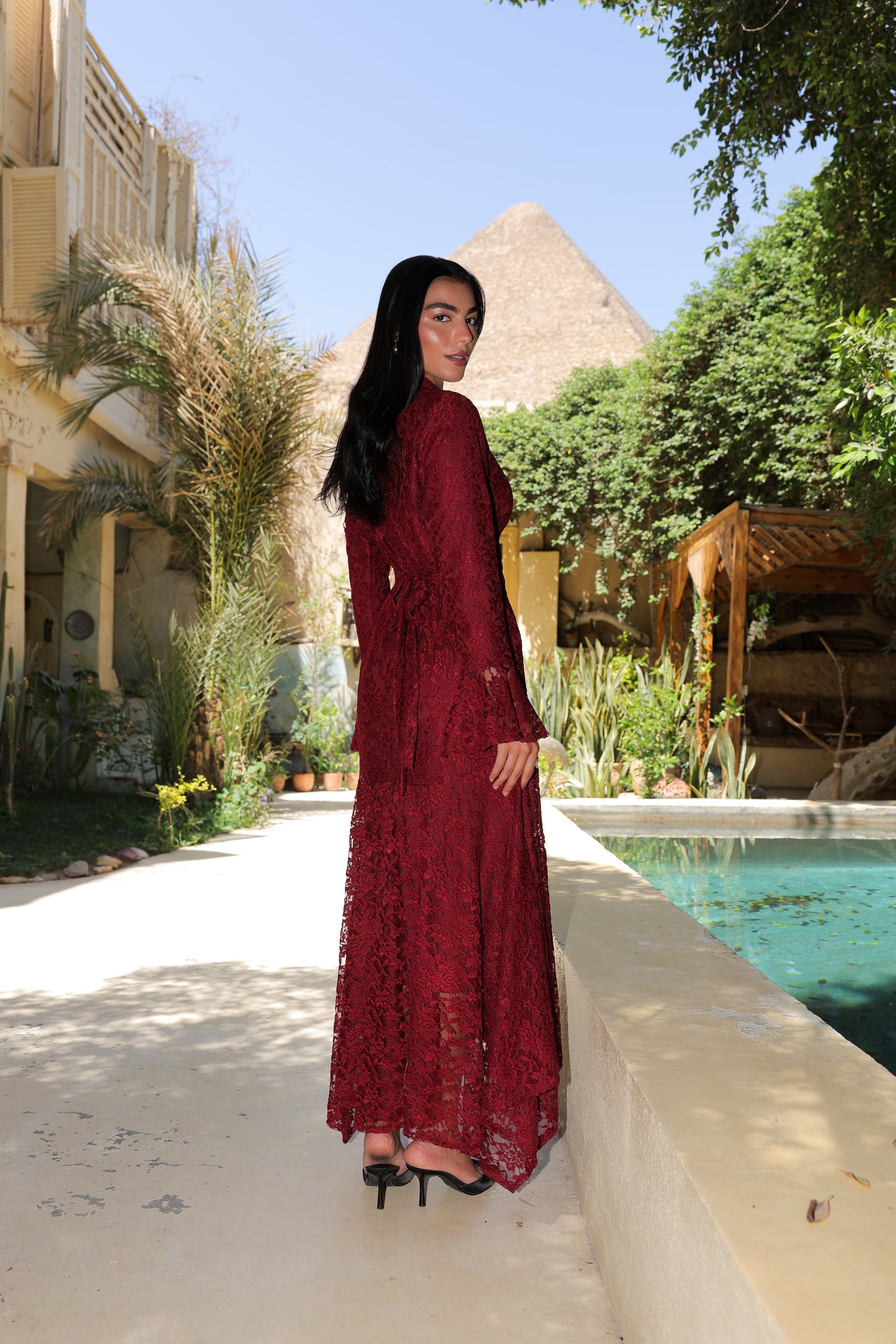 Lace flowery dress in maroon fully lined*