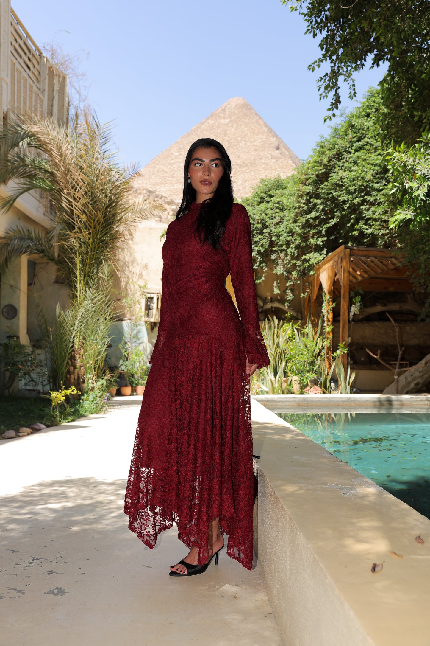 Lace flowery dress in maroon fully lined*