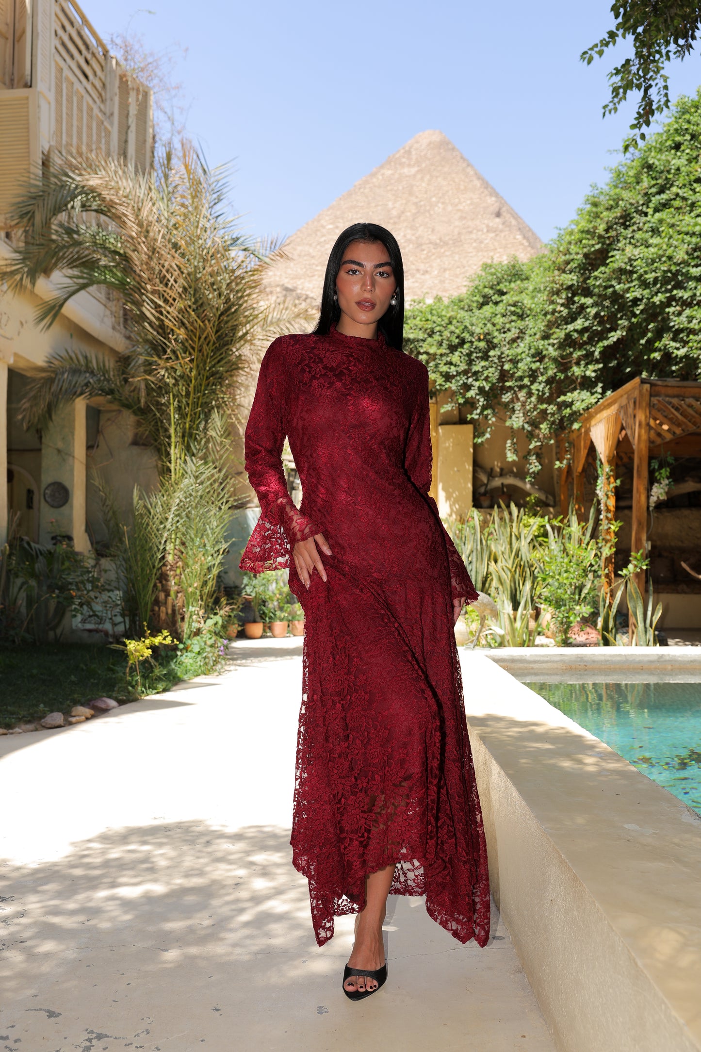 Lace flowery dress in maroon fully lined*
