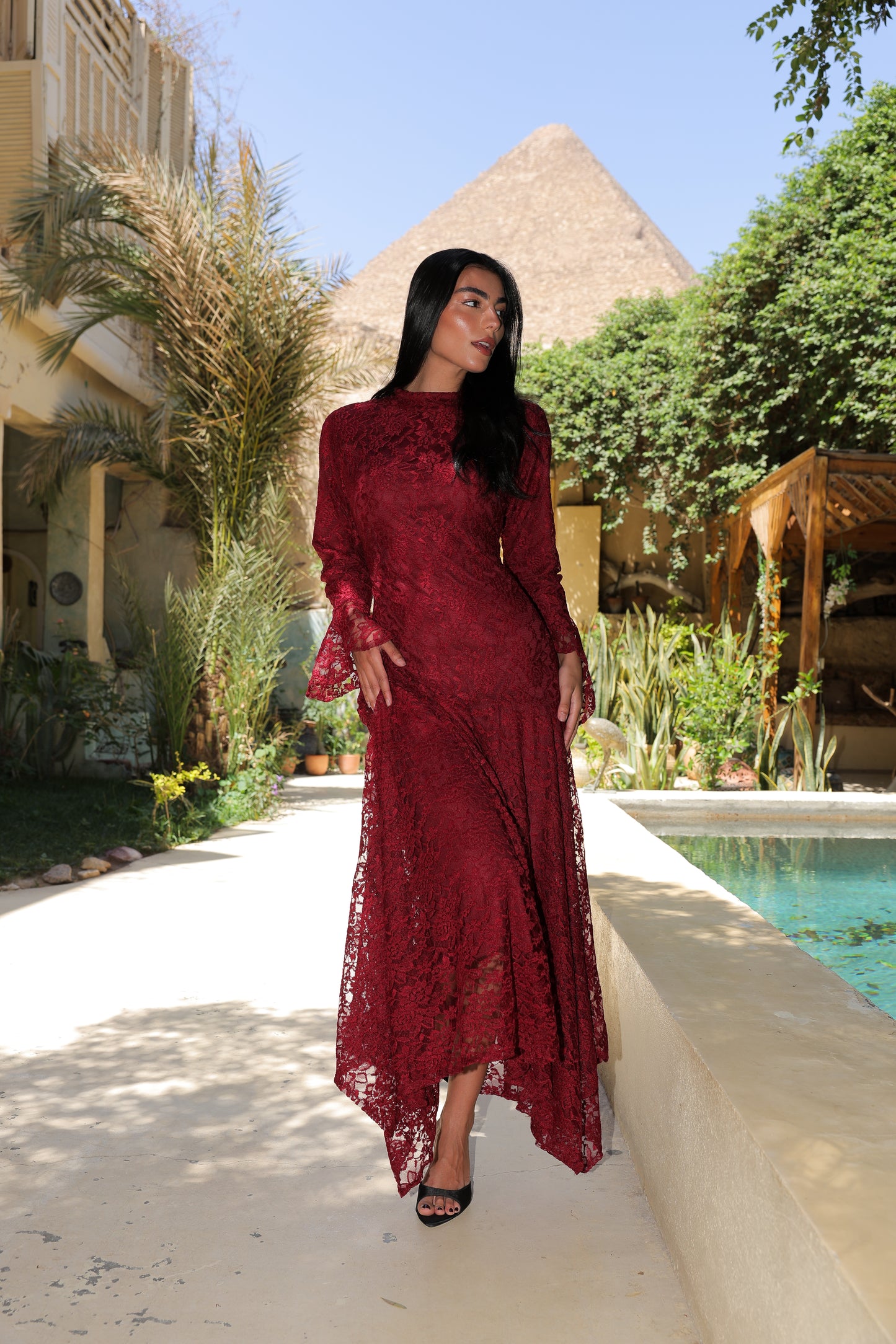 Lace flowery dress in maroon fully lined*