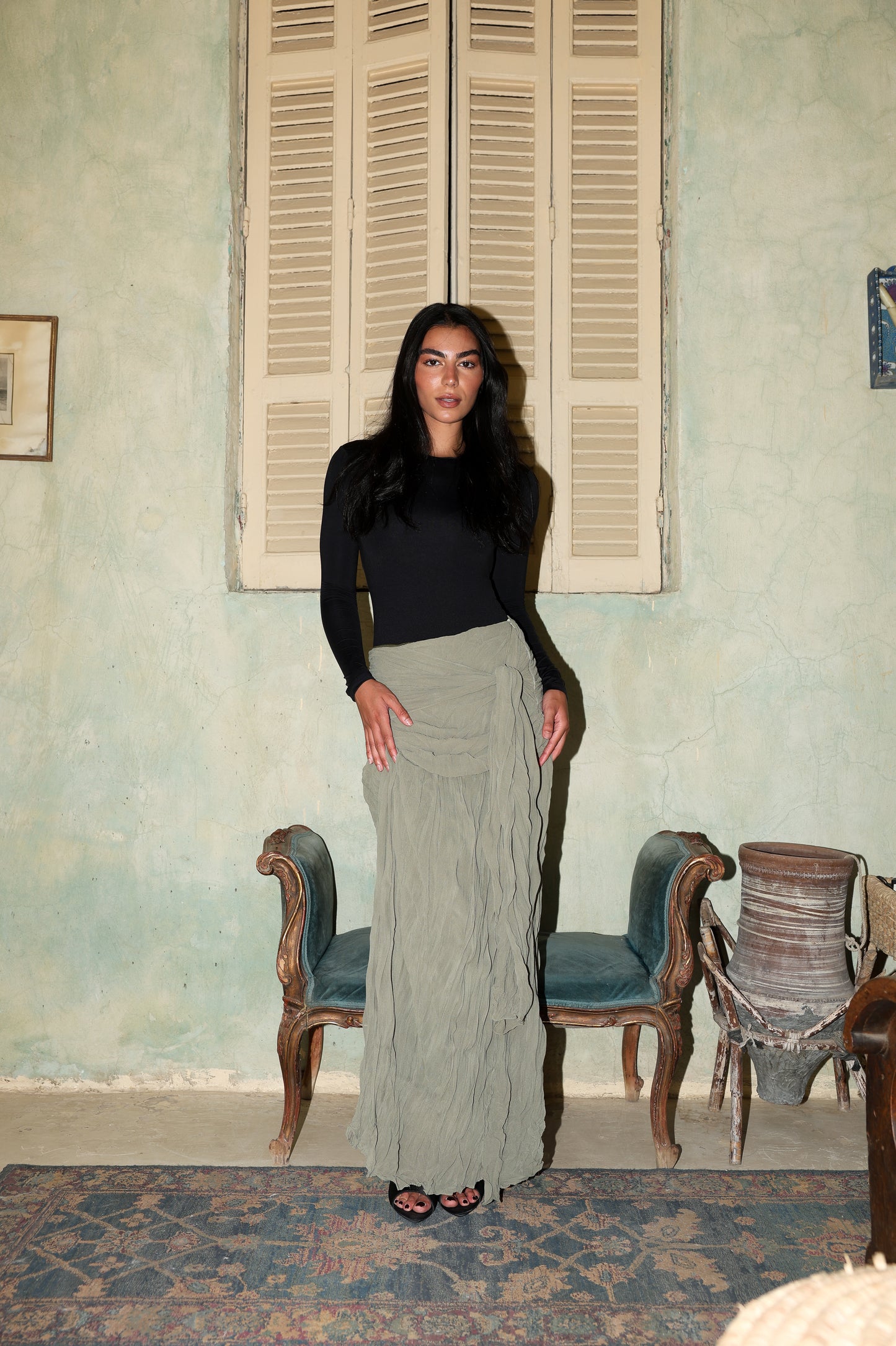 Angel Wings chiffon skirt in olive fully lined **