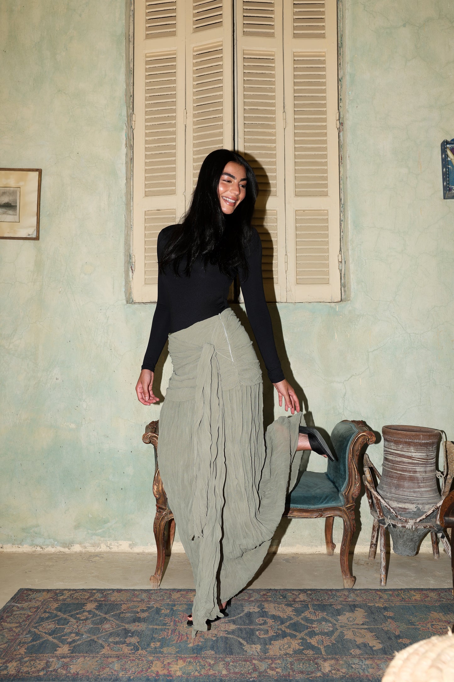 Angel Wings chiffon skirt in olive fully lined **