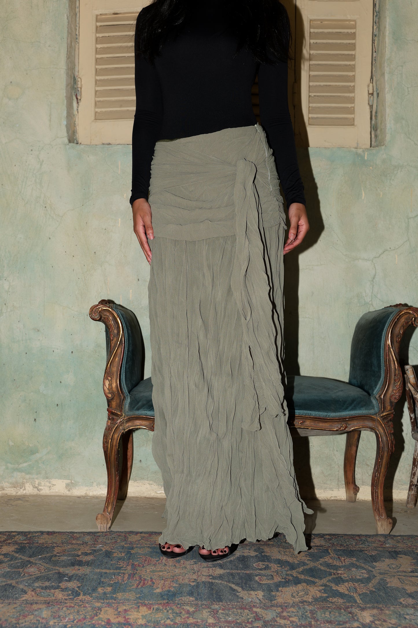 Angel Wings chiffon skirt in olive fully lined **
