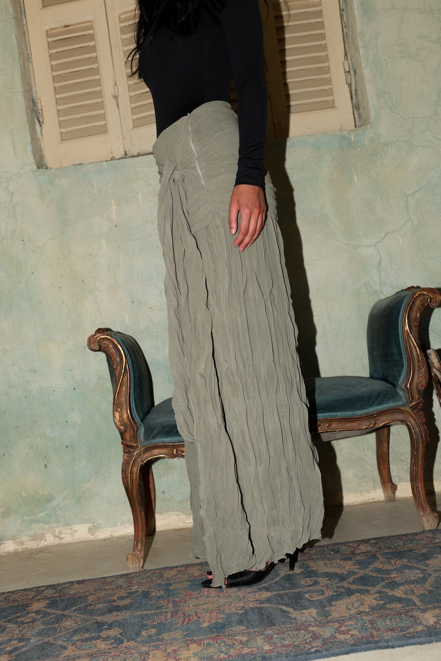 Angel Wings chiffon skirt in olive fully lined **