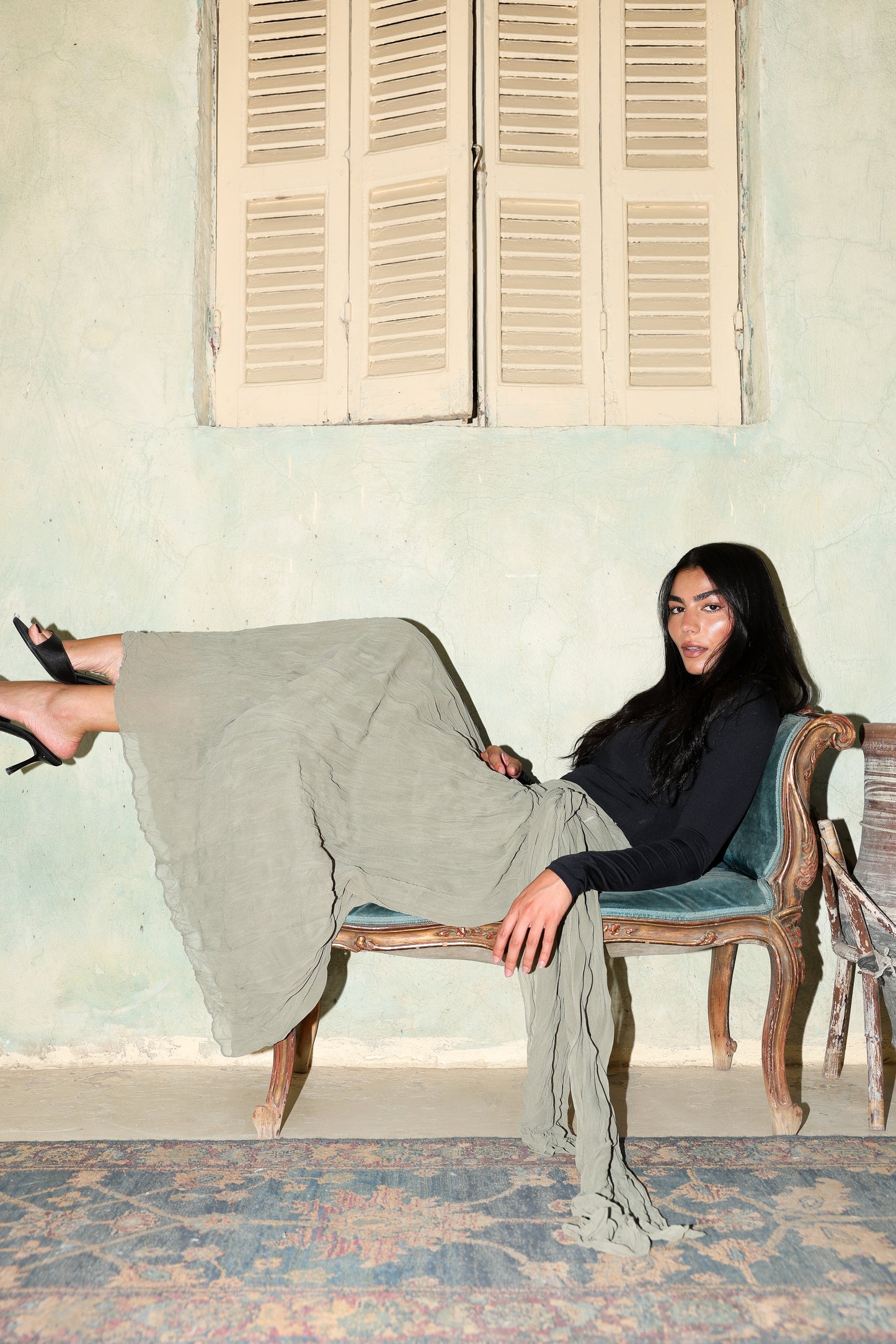 Angel Wings chiffon skirt in olive fully lined **