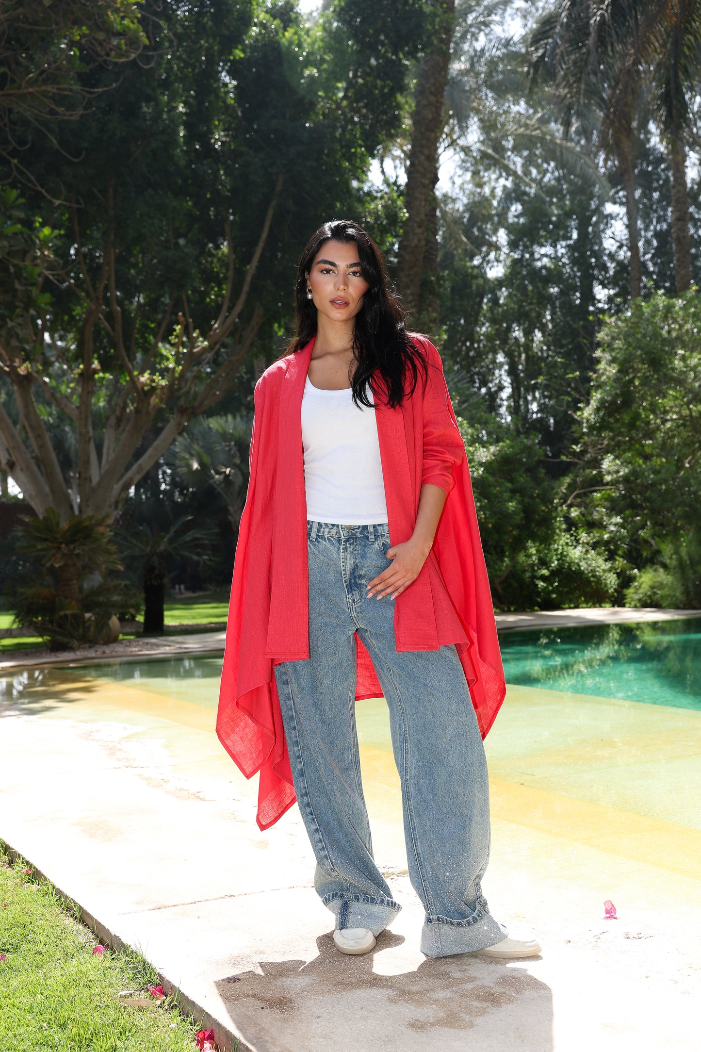 Fatima cardigan pure linen in watermelon red