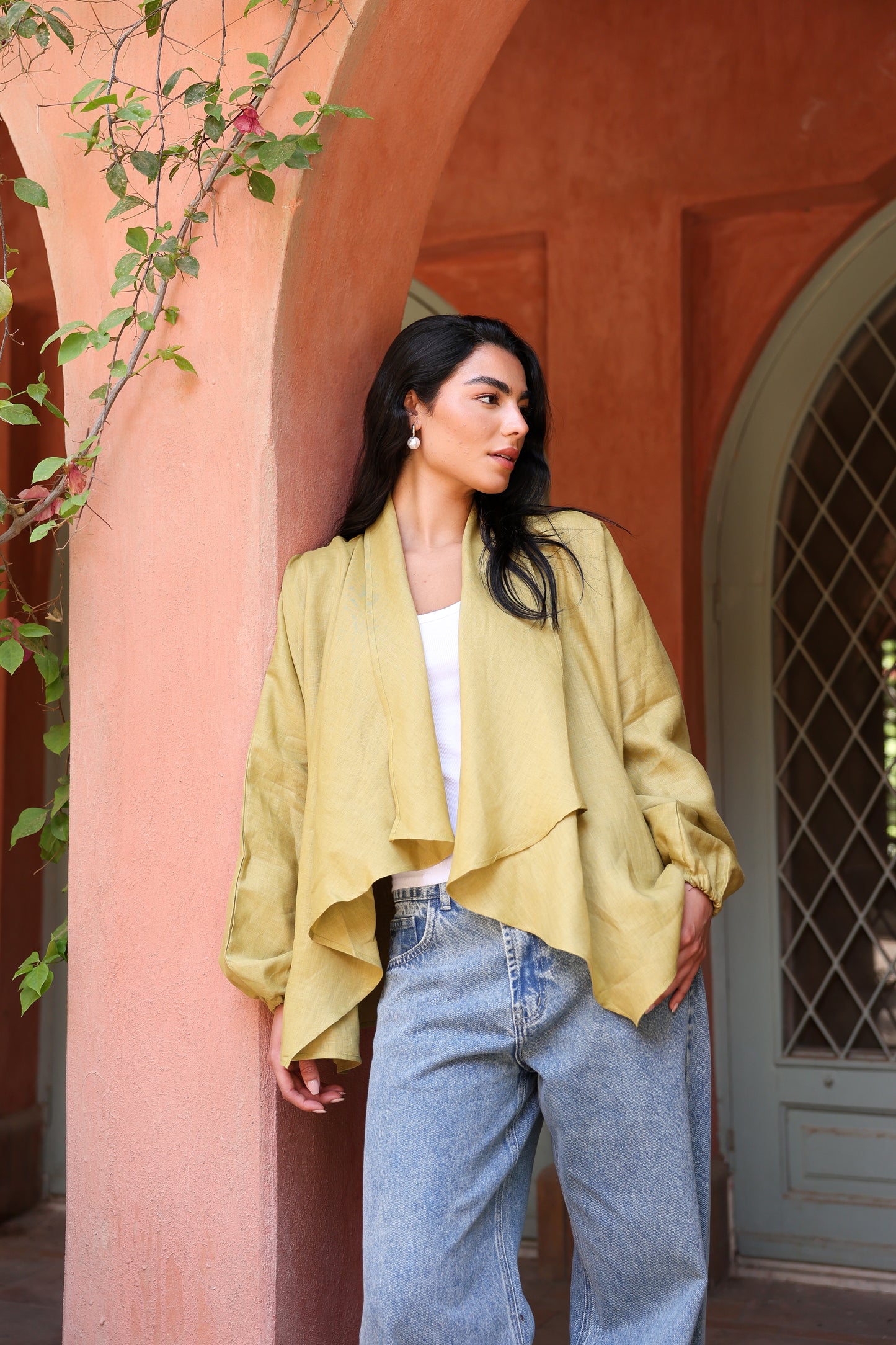 Sunny Weave pure linen cardigan in Mustard