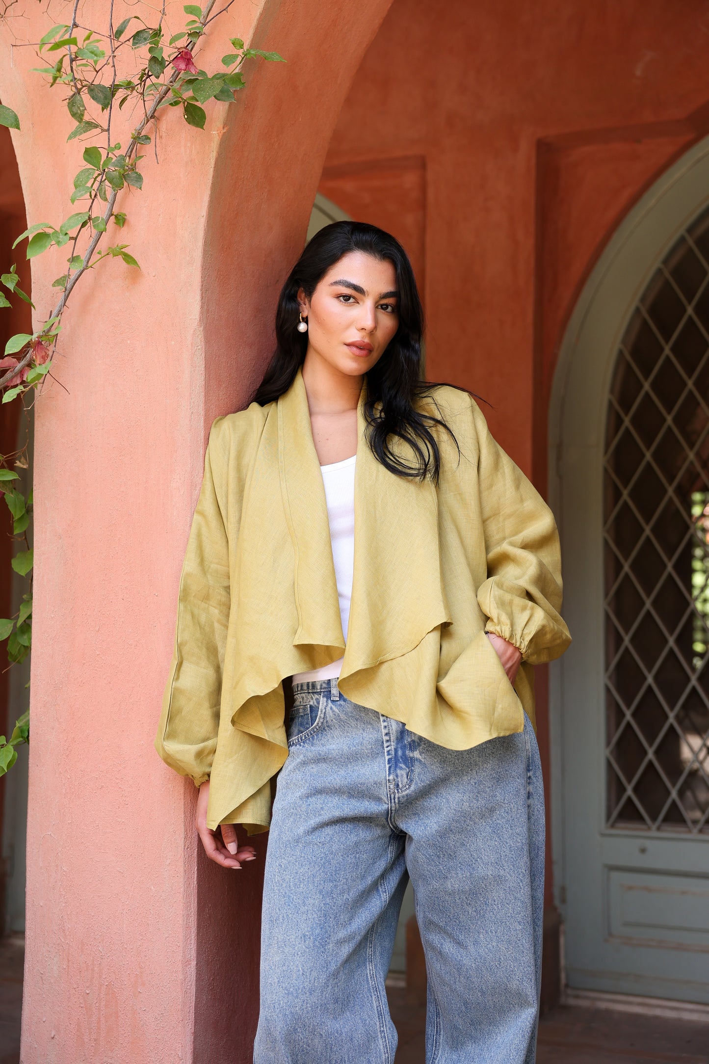 Sunny Weave pure linen cardigan in Mustard