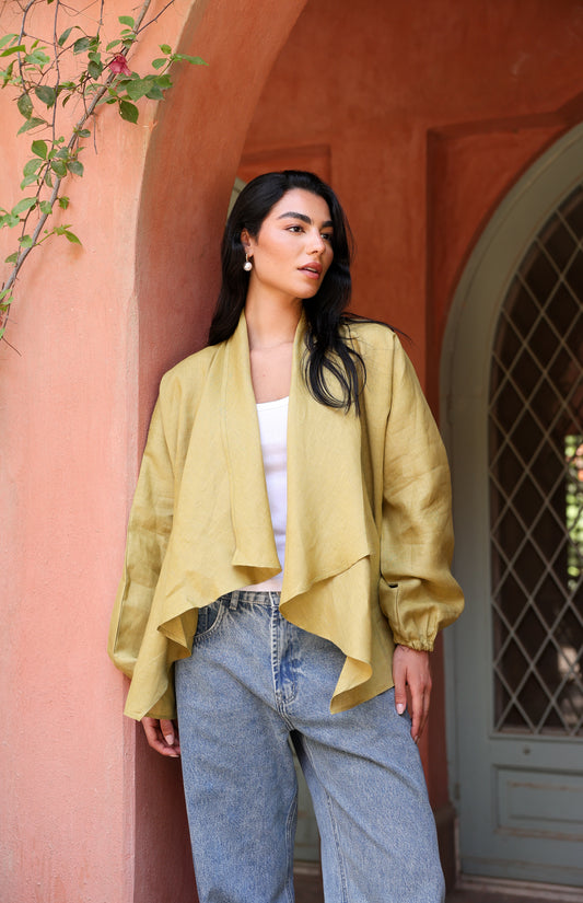 Sunny Weave pure linen cardigan in Mustard