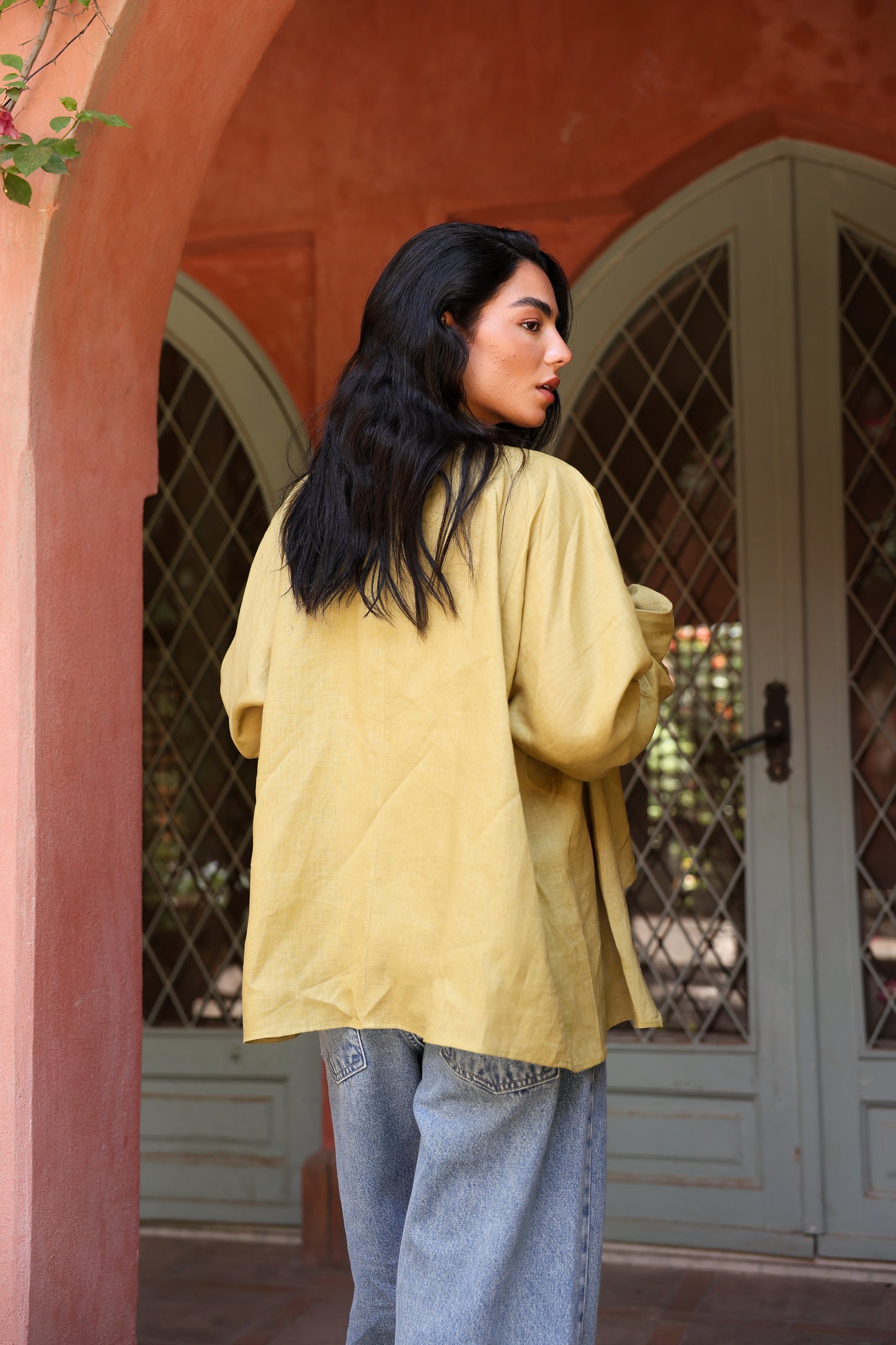 Sunny Weave pure linen cardigan in Mustard