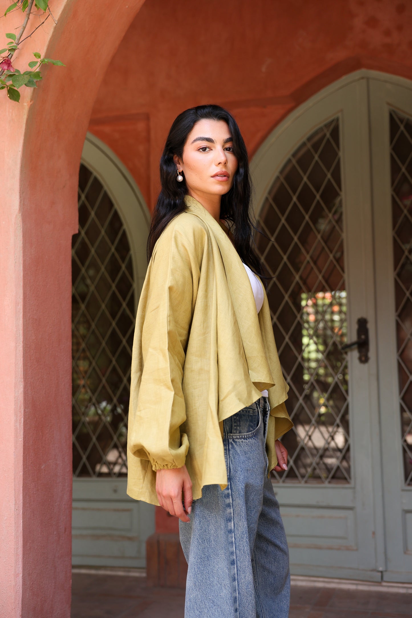 Sunny Weave pure linen cardigan in Mustard
