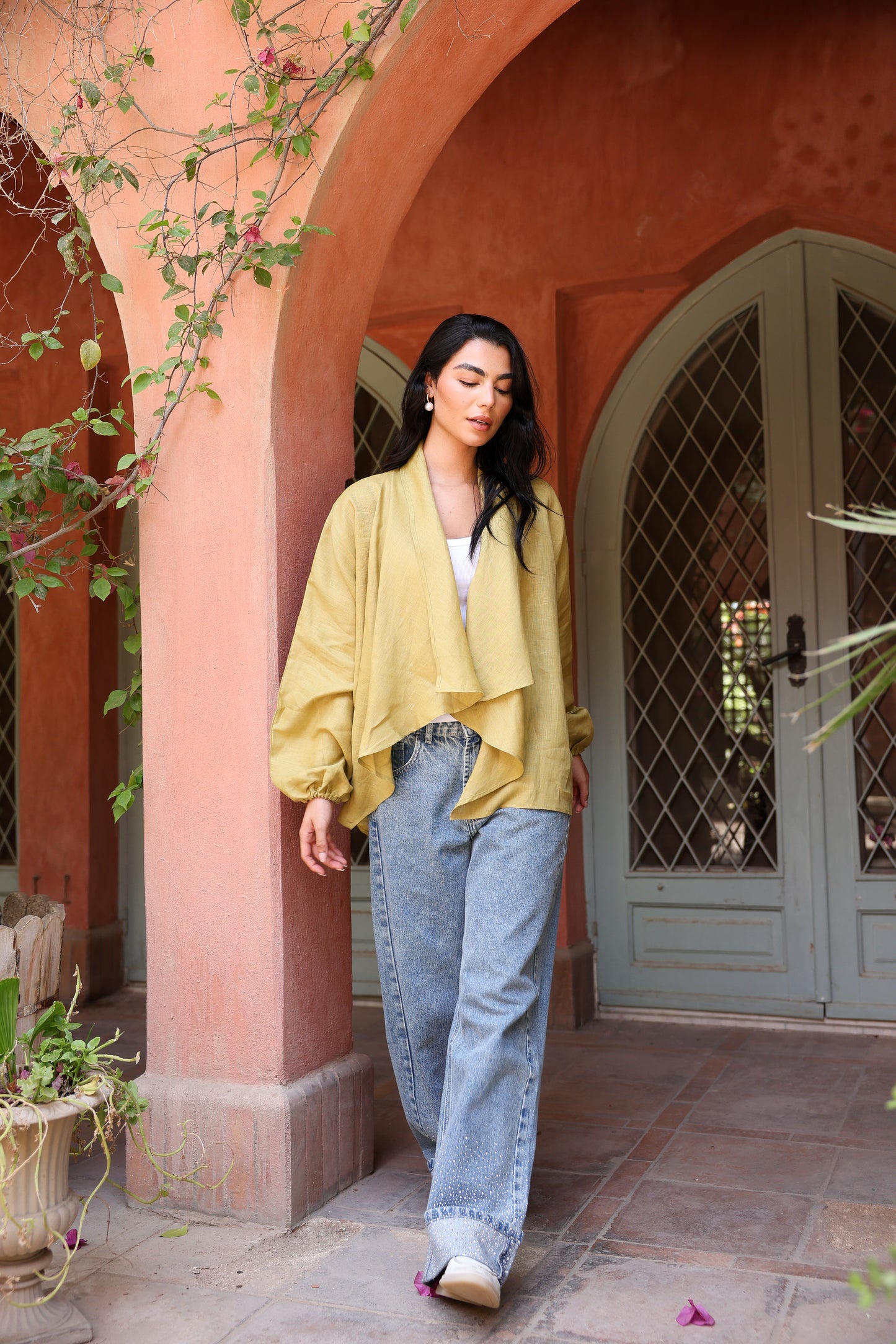 Sunny Weave pure linen cardigan in Mustard