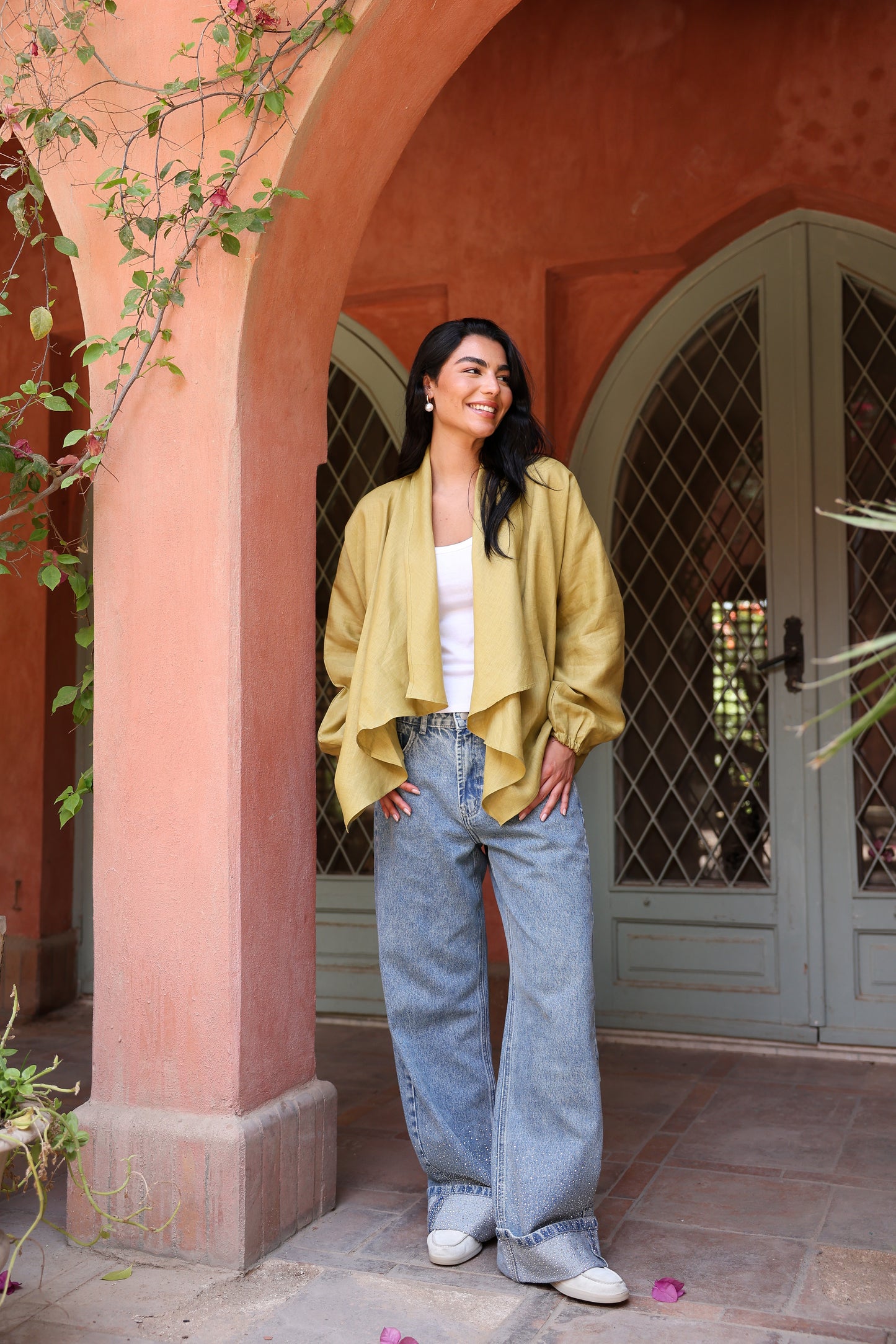 Sunny Weave pure linen cardigan in Mustard