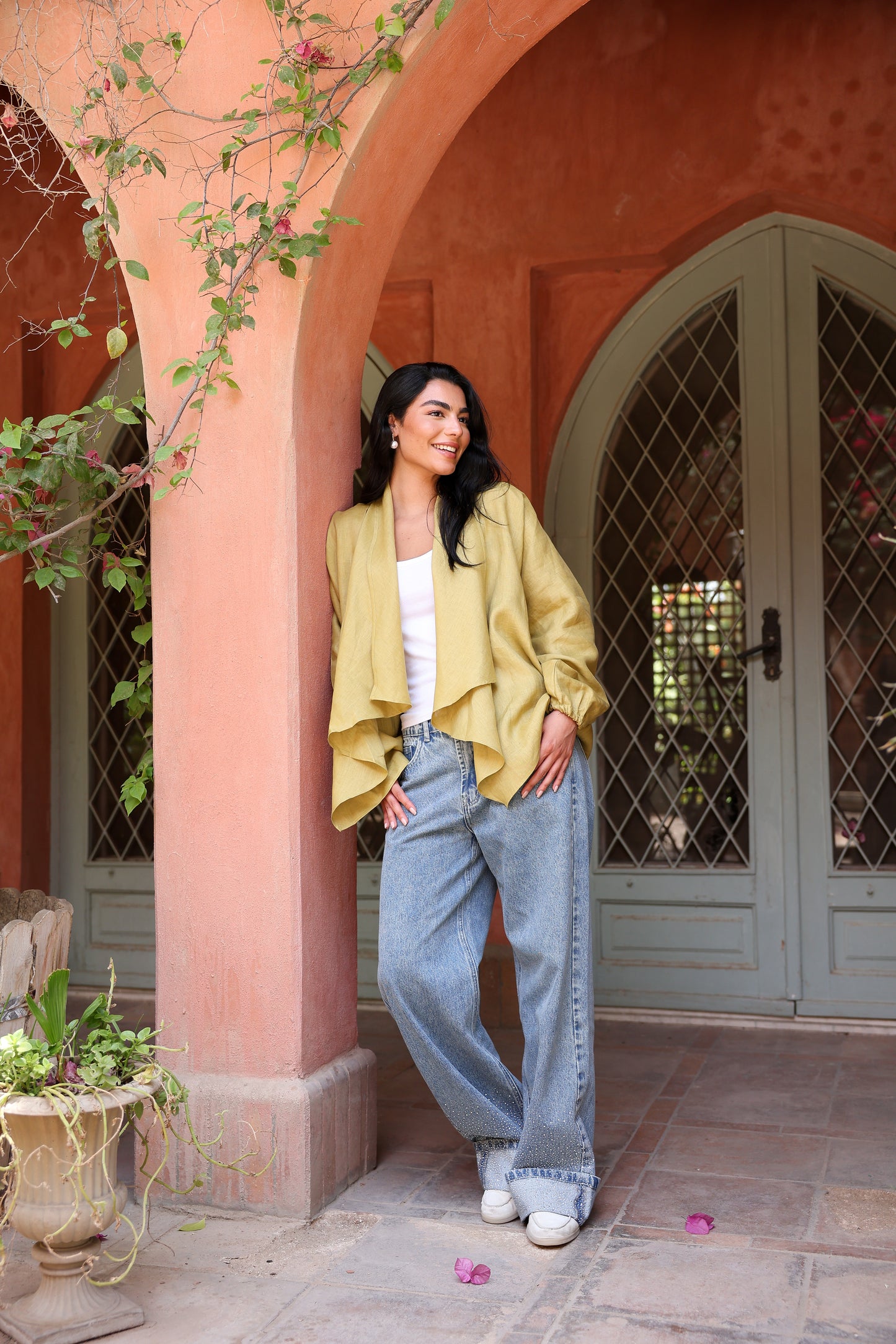 Sunny Weave pure linen cardigan in Mustard