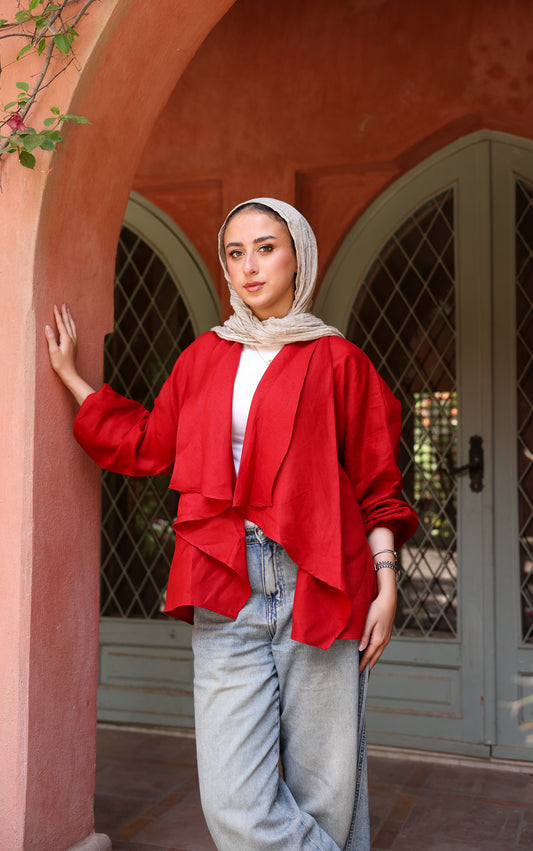 Sunny Weave pure linen cardigan in deep red