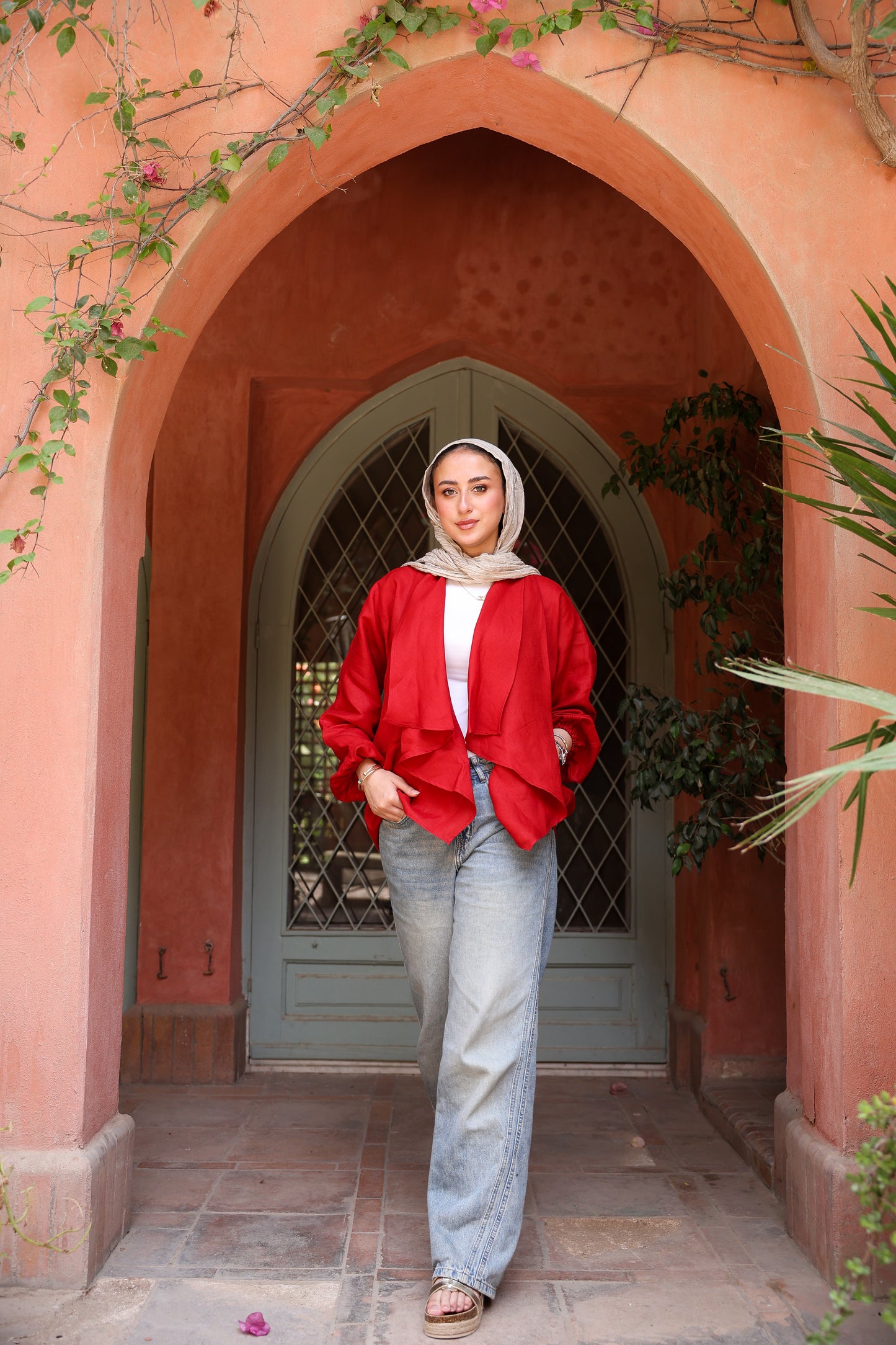 Sunny Weave pure linen cardigan in deep red