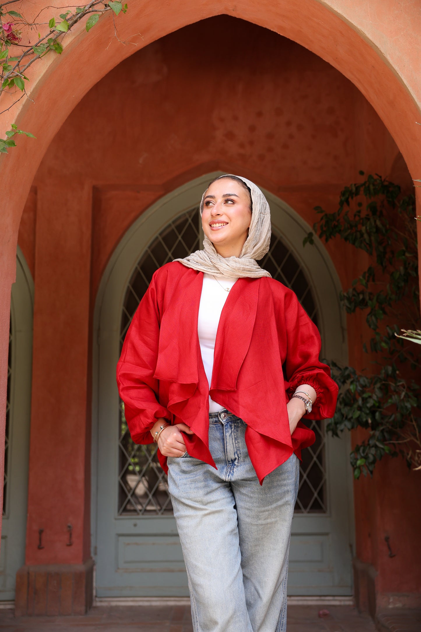 Sunny Weave pure linen cardigan in deep red