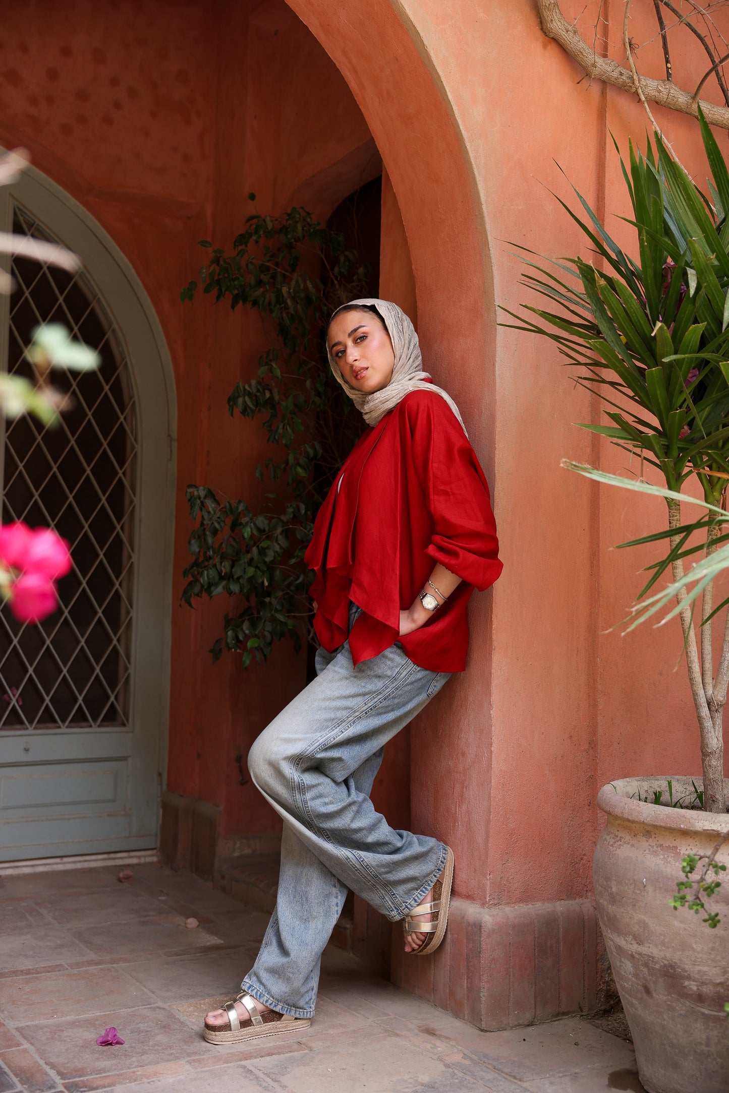 Sunny Weave pure linen cardigan in deep red