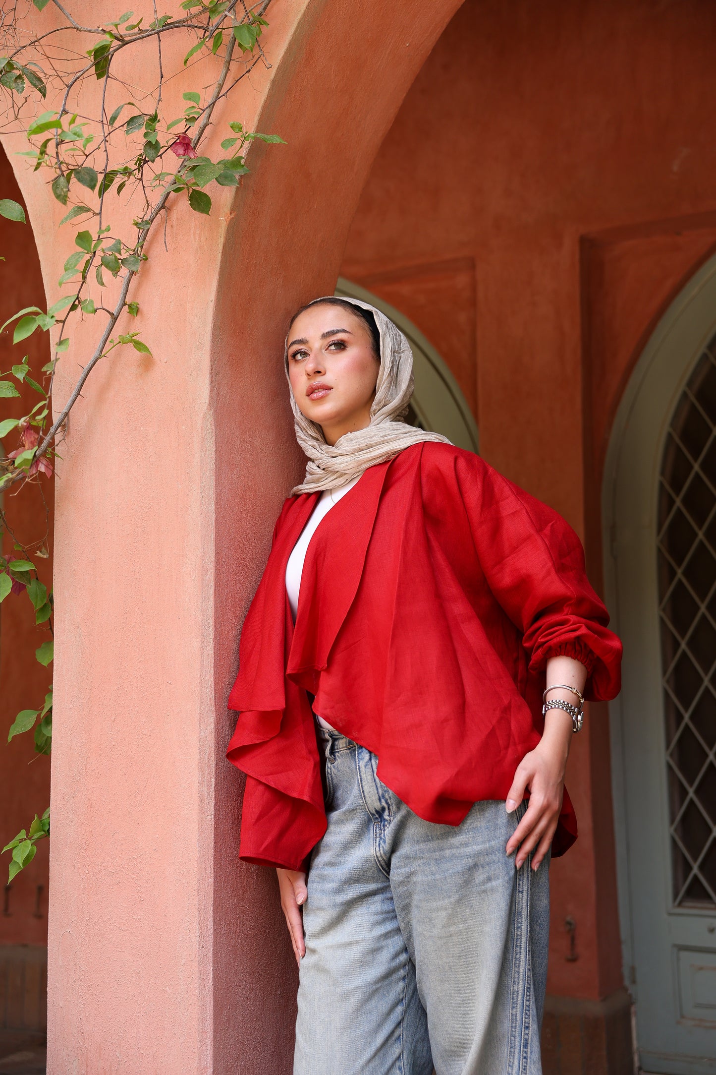 Sunny Weave pure linen cardigan in deep red
