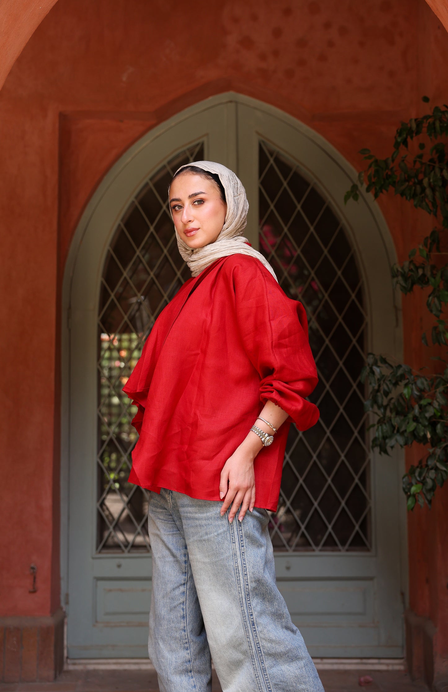 Sunny Weave pure linen cardigan in deep red