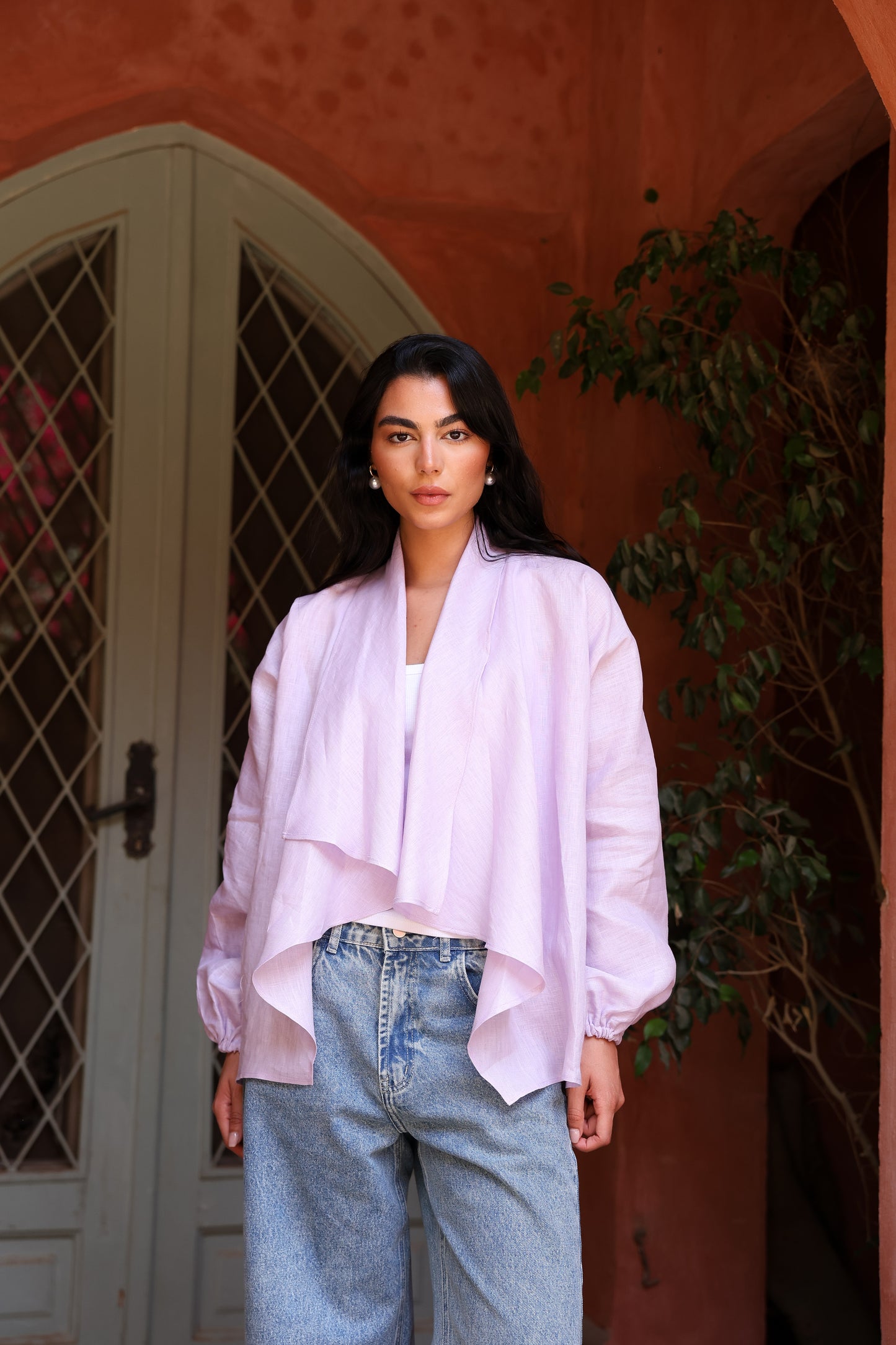 Sunny Weave pure linen cardigan in lilac