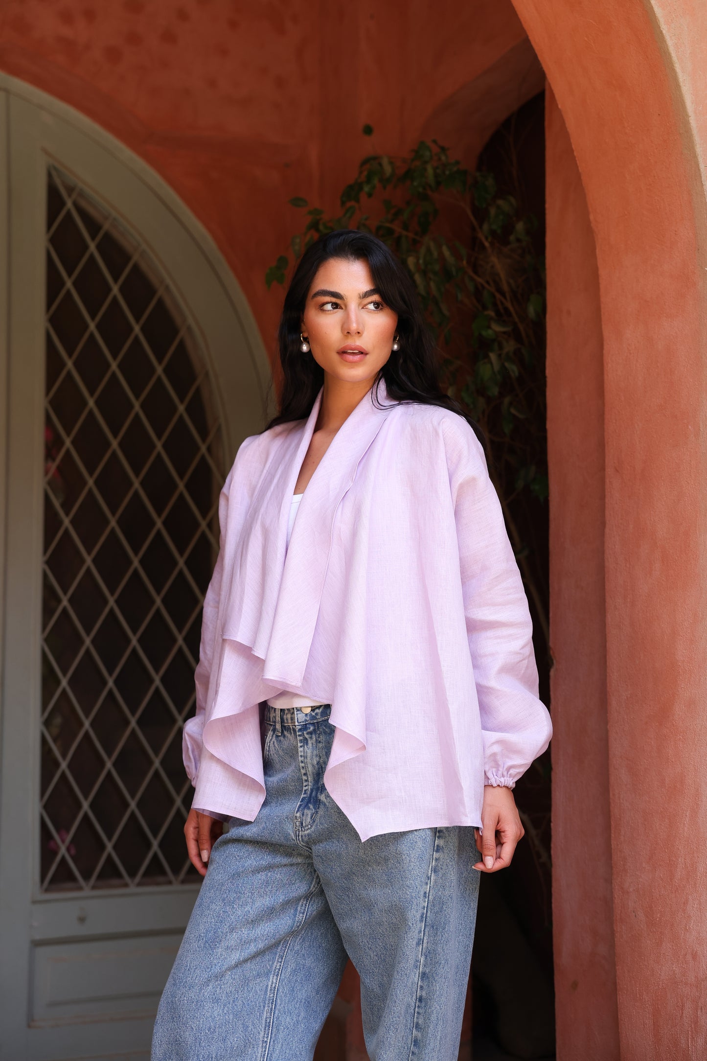 Sunny Weave pure linen cardigan in lilac