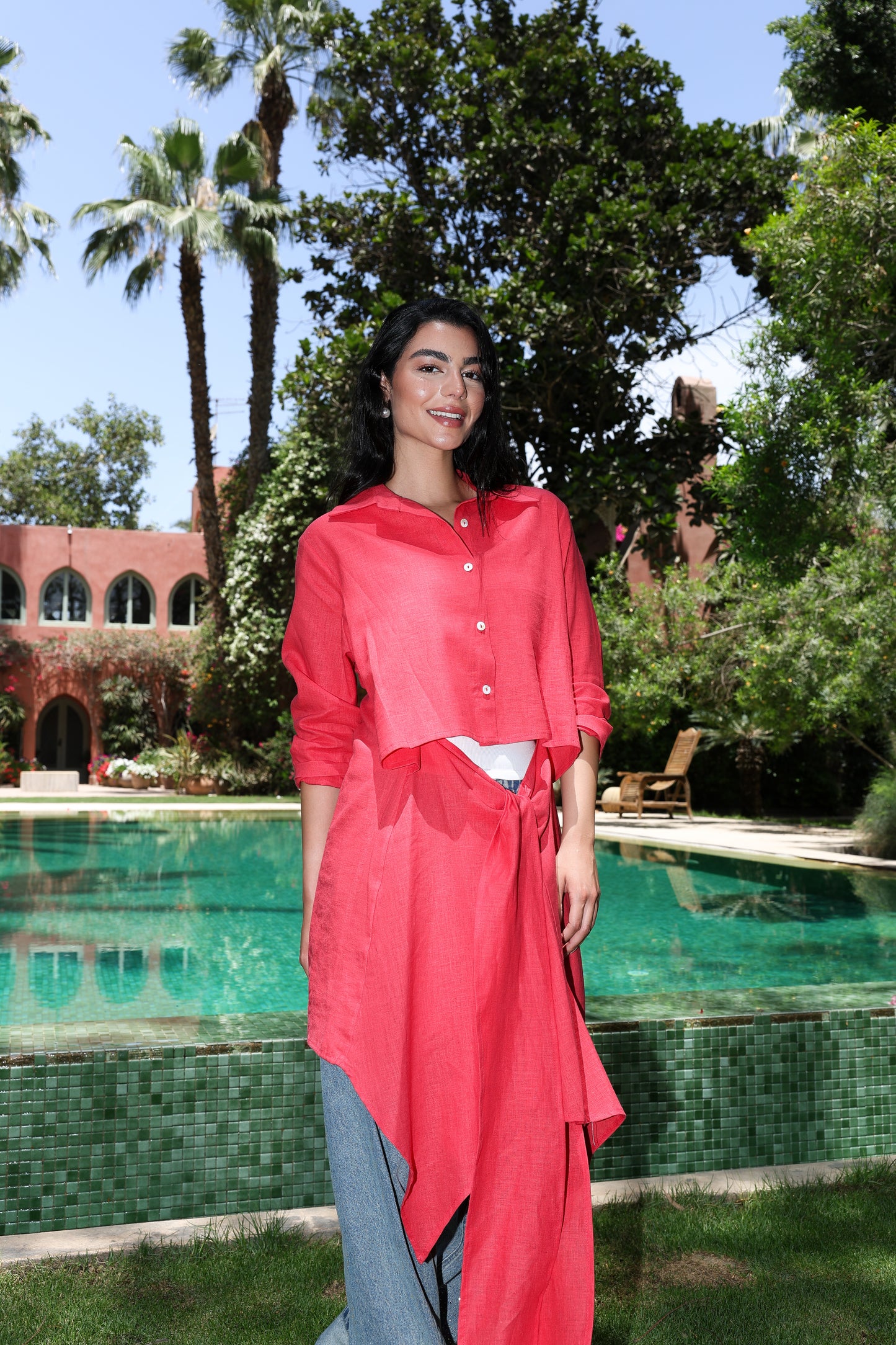 Paneled Tie-front shirt In watermelon red
