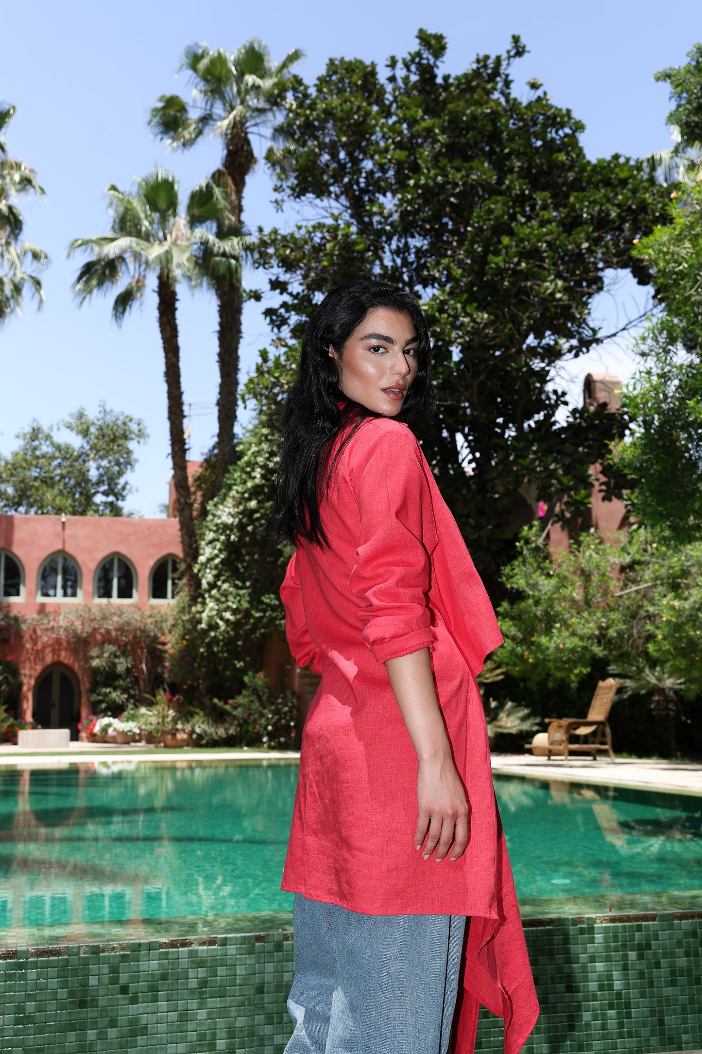 Paneled Tie-front shirt In watermelon red