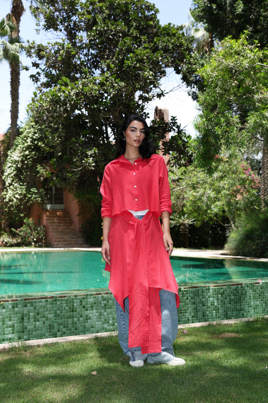 Paneled Tie-front shirt In watermelon red