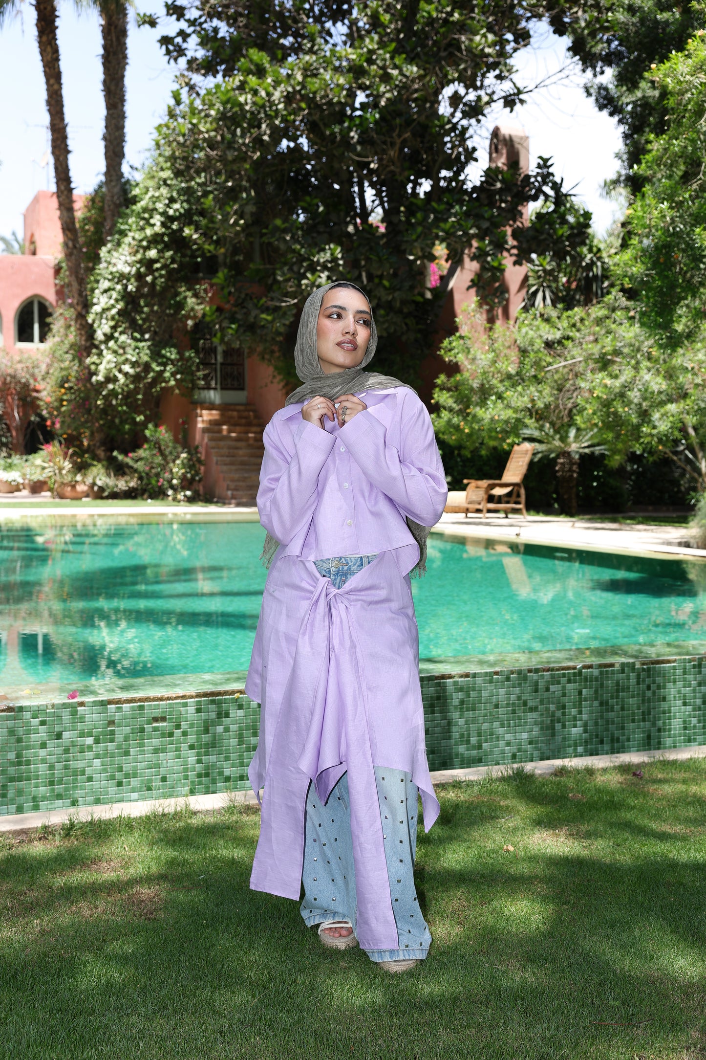 Paneled Tie-front shirt In Lilac