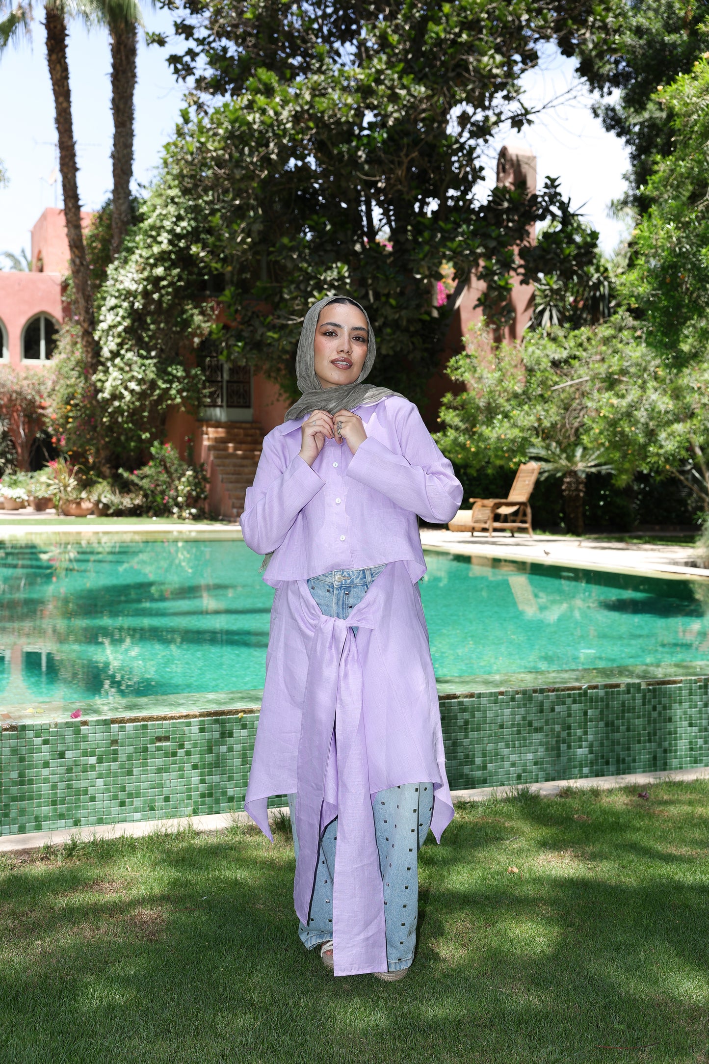 Paneled Tie-front shirt In Lilac