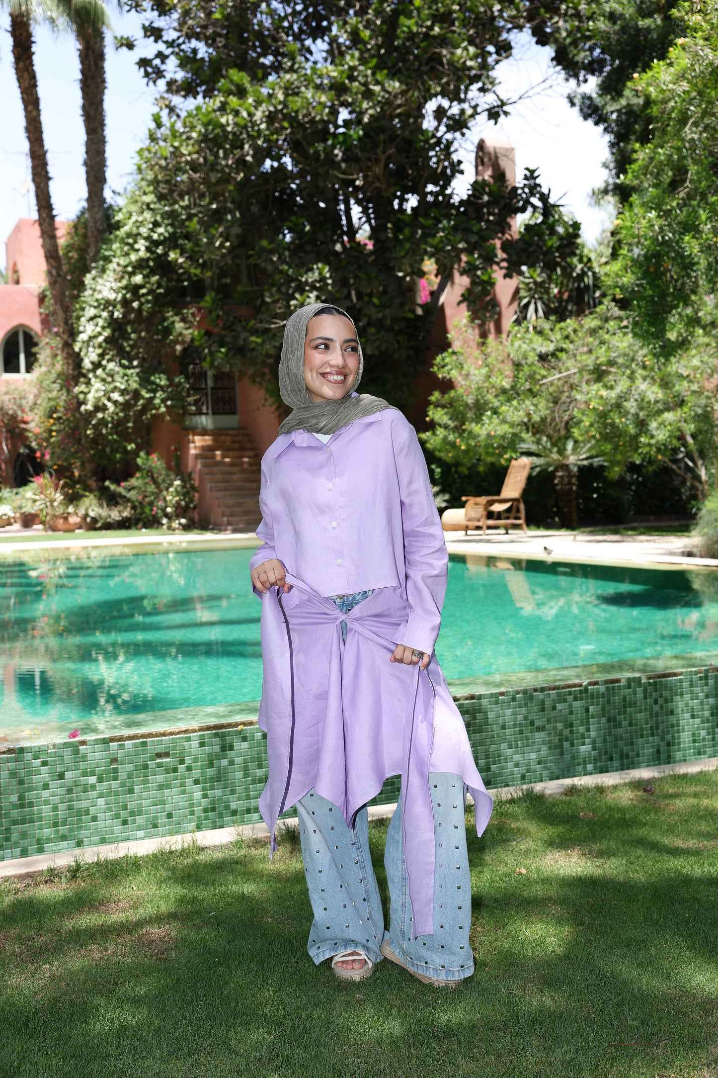 Paneled Tie-front shirt In Lilac